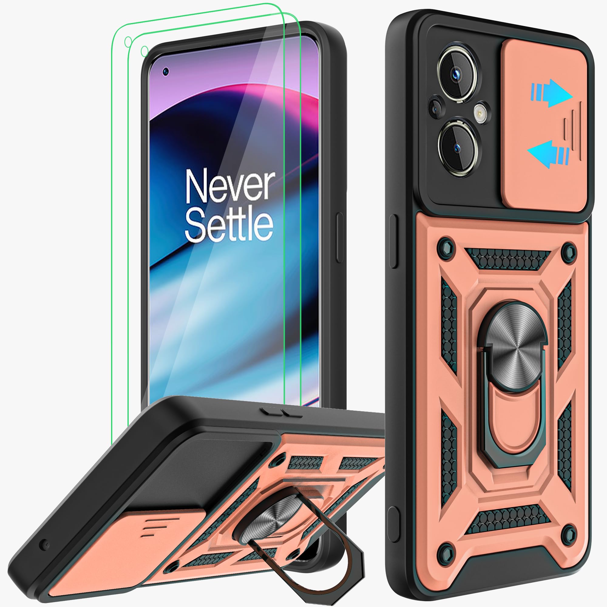 AKINIK OnePlus Nord N20 5G Cellular Phone Case (Rose Gold), Military Grade, Slide Camera Cover, 360° Rotation Kickstand, 2pcs HD Screen Protector