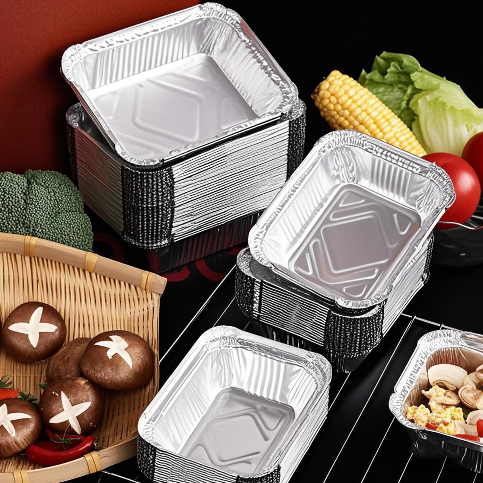 Paquete de 35 sartenes de aluminio con tapas, 2200 ml, 1100 ml, 700 ml, con tapas, para catering, preparación de comidas y comida para llevar. Viene con 10 juegos de cubiertos de madera.