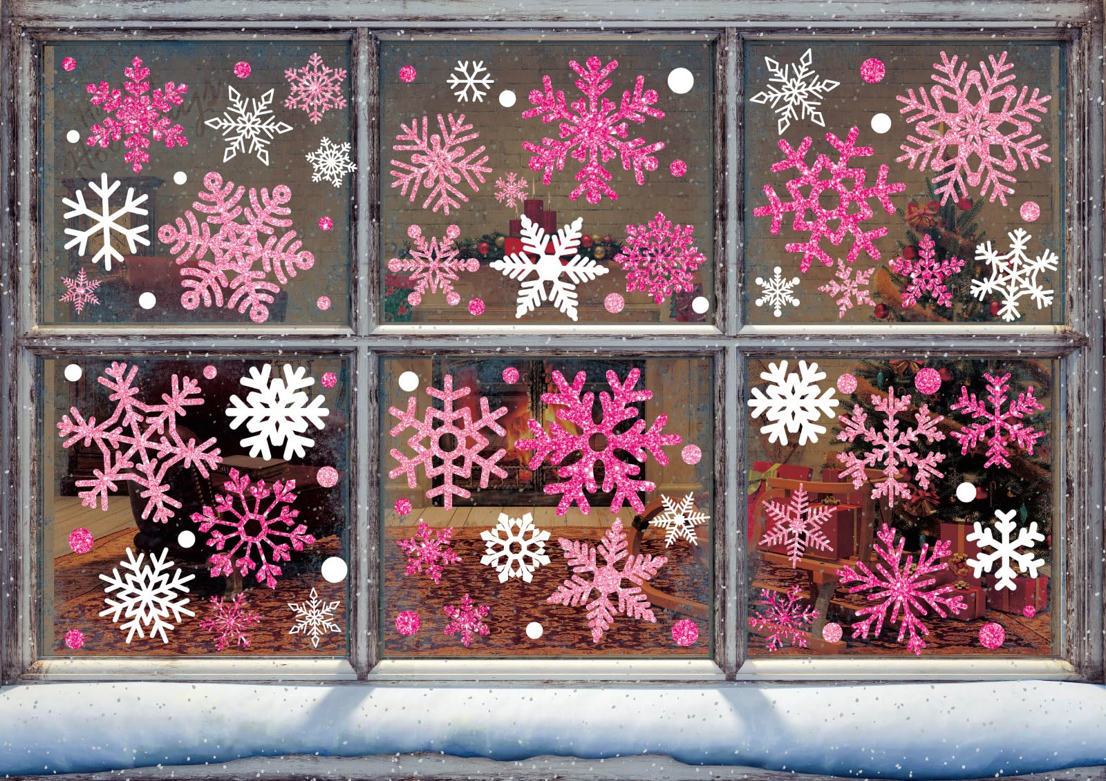 Stickers fenêtre Noël rose et blanc | Décoration vitre réutilisable