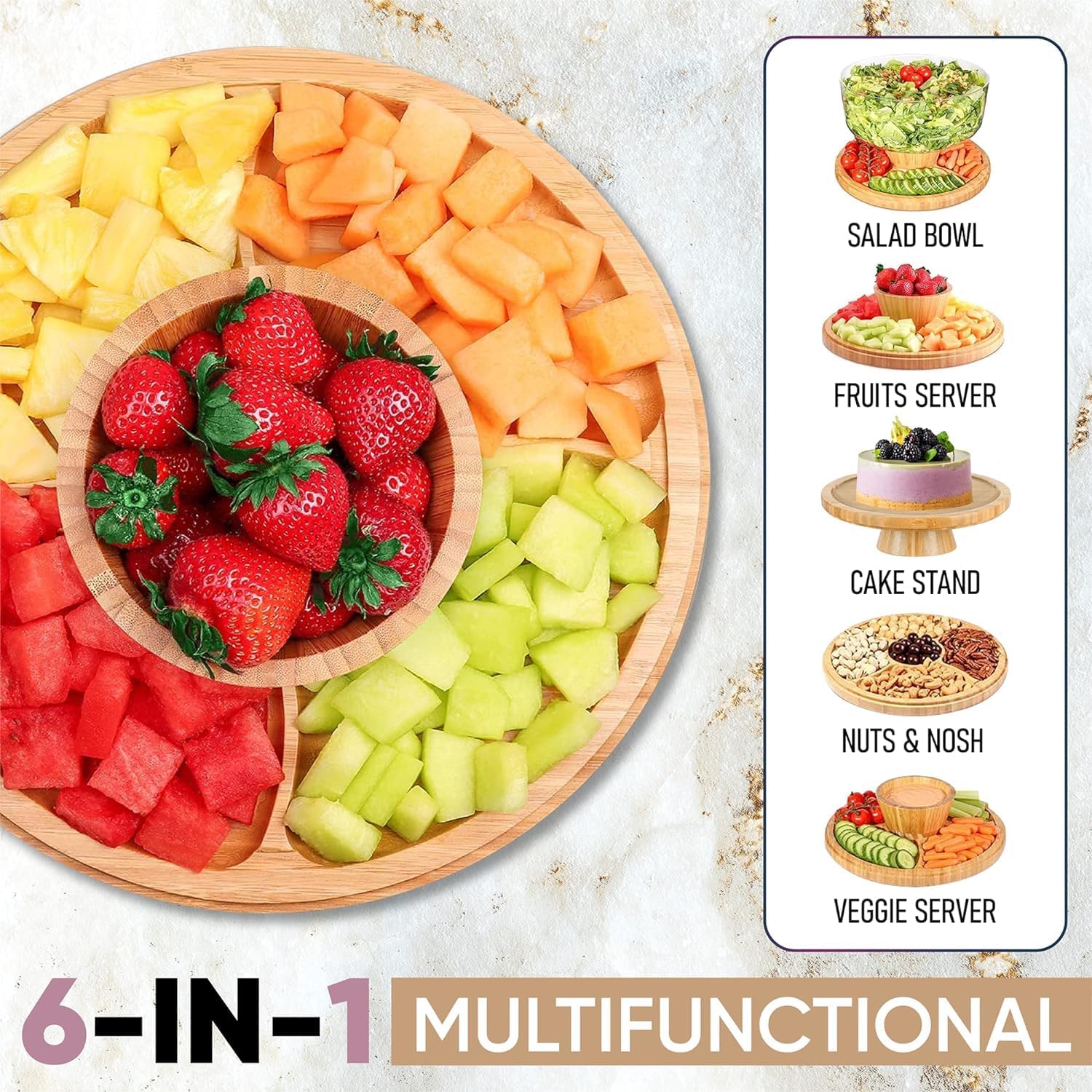 Bamboo Cake Stand with Dome Multi Function 6 in 1 Cake Holder Serving Platter, (30cm) Round Veggie Stand and Salad Bowl, Decorative Display Cake Stand with Lid