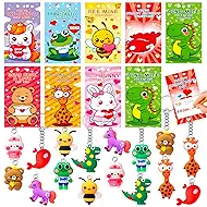 32 Pack Valentines Day Gifts for Kids School, Valentine Cartoon Animal Keychains with Valentines Day Cards for Kids School Classroom Exchange Prizes Party Favor