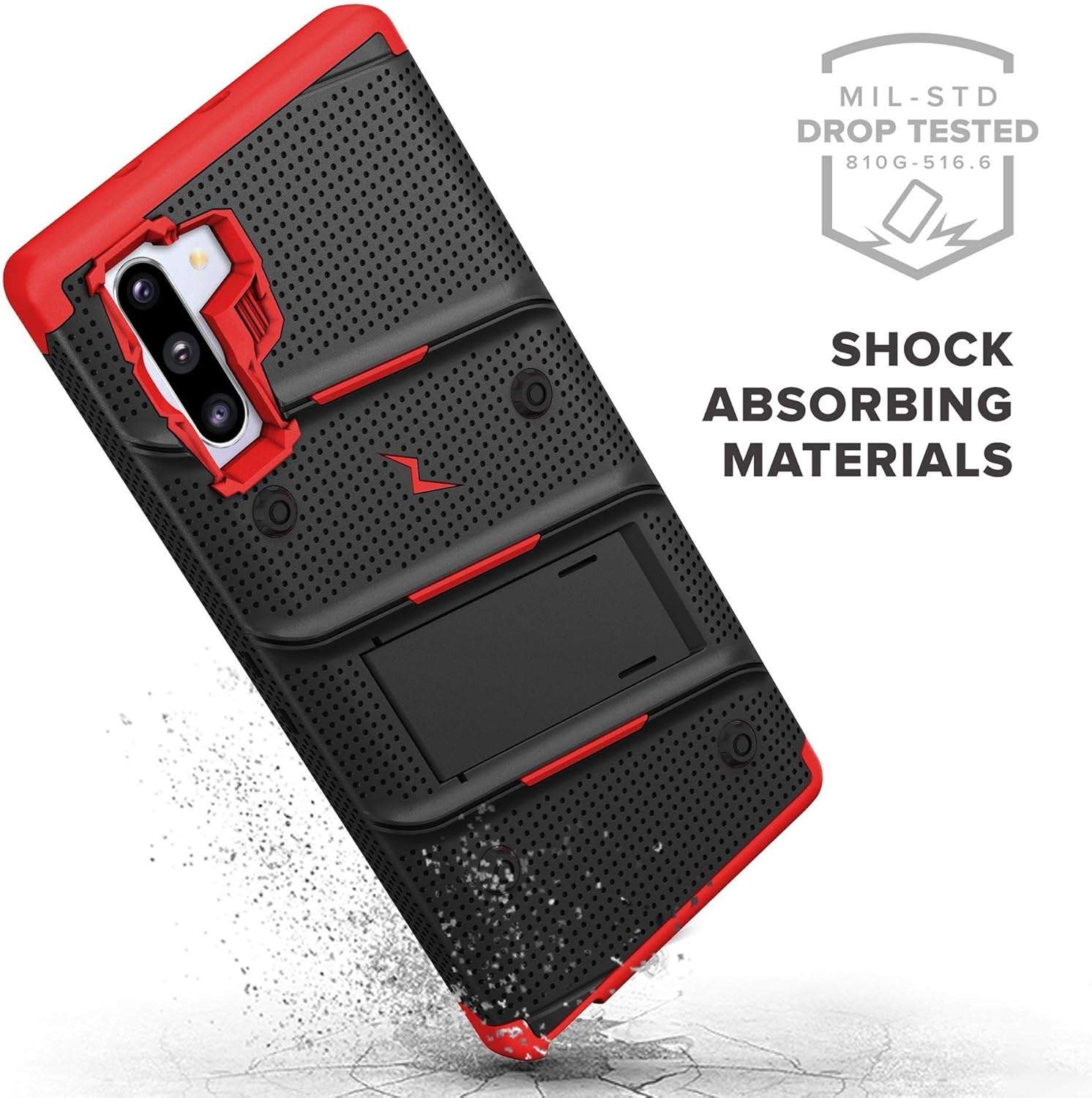 Zizo Bolt Cover - Case for Samsung Galaxy Note 10 & Kickstand and Holster (Black/Red)