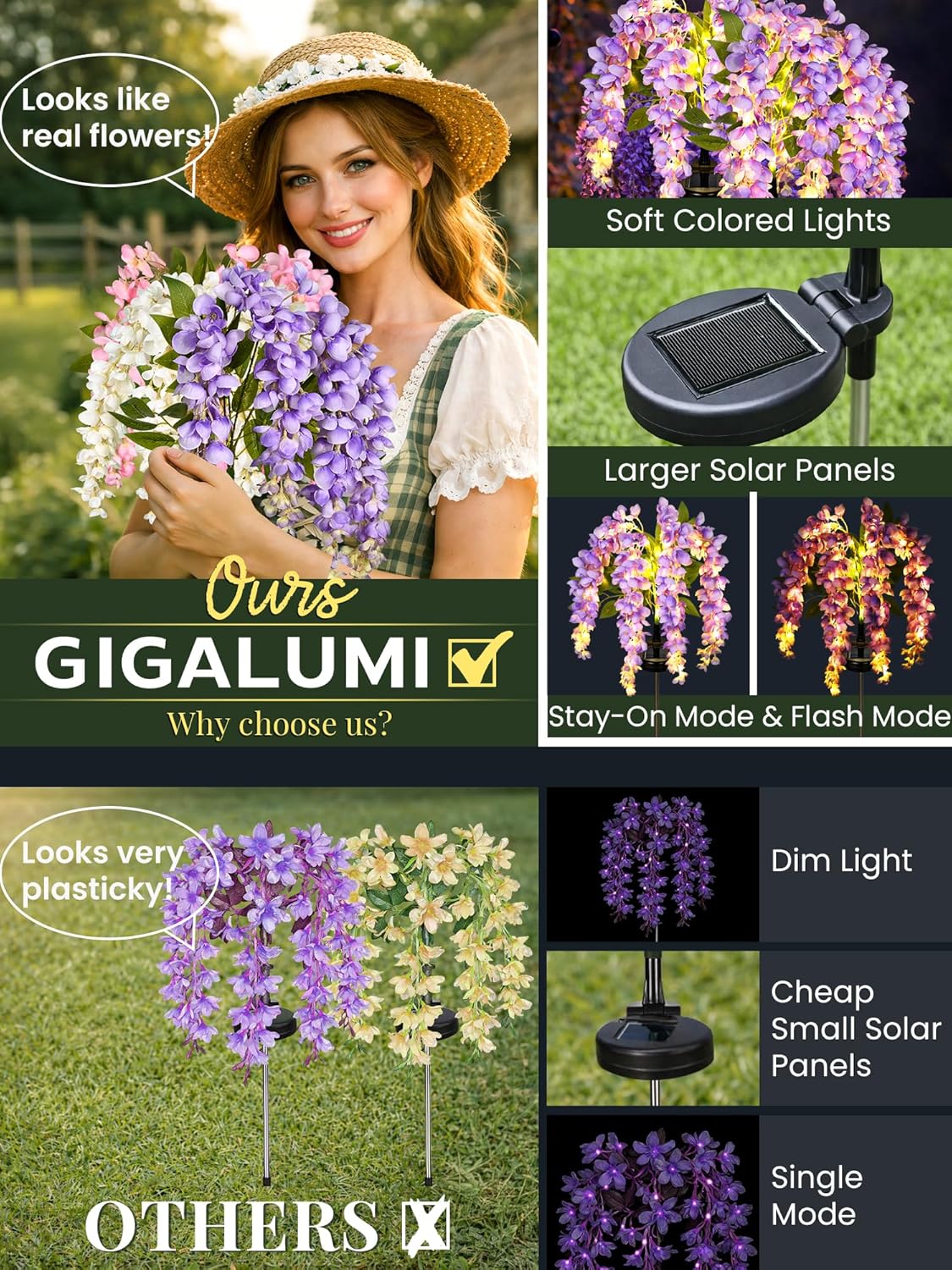 GIGALUMI Solar Lights Outdoor for Garden Decor, 3 Pack Solar Flower Lights Waterproof, 2 Lighting Modes Wisteria for Pathway,Yard, Patio Decoration, Gardening Gifts for Women (Multi-Colored)