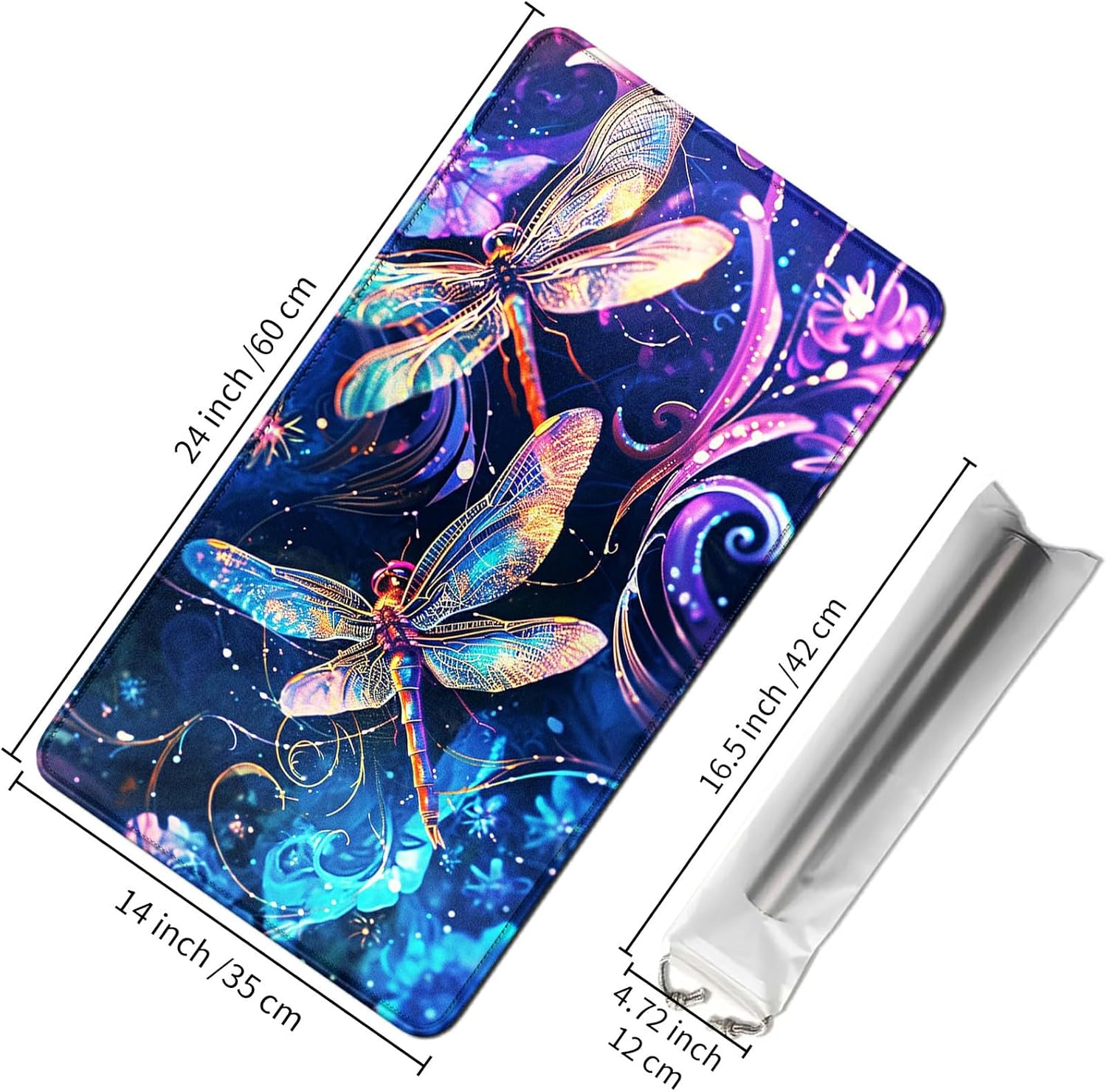 Large Mouse Pad 14x24 inch,Sparkling Dragonfly Desk Pads with Storage Bag,Stitched Desk Mats Card Game Playmat with Non-Slip Base,Purple Blue Keyboard Mouse Pad for Gaming Home Office Work