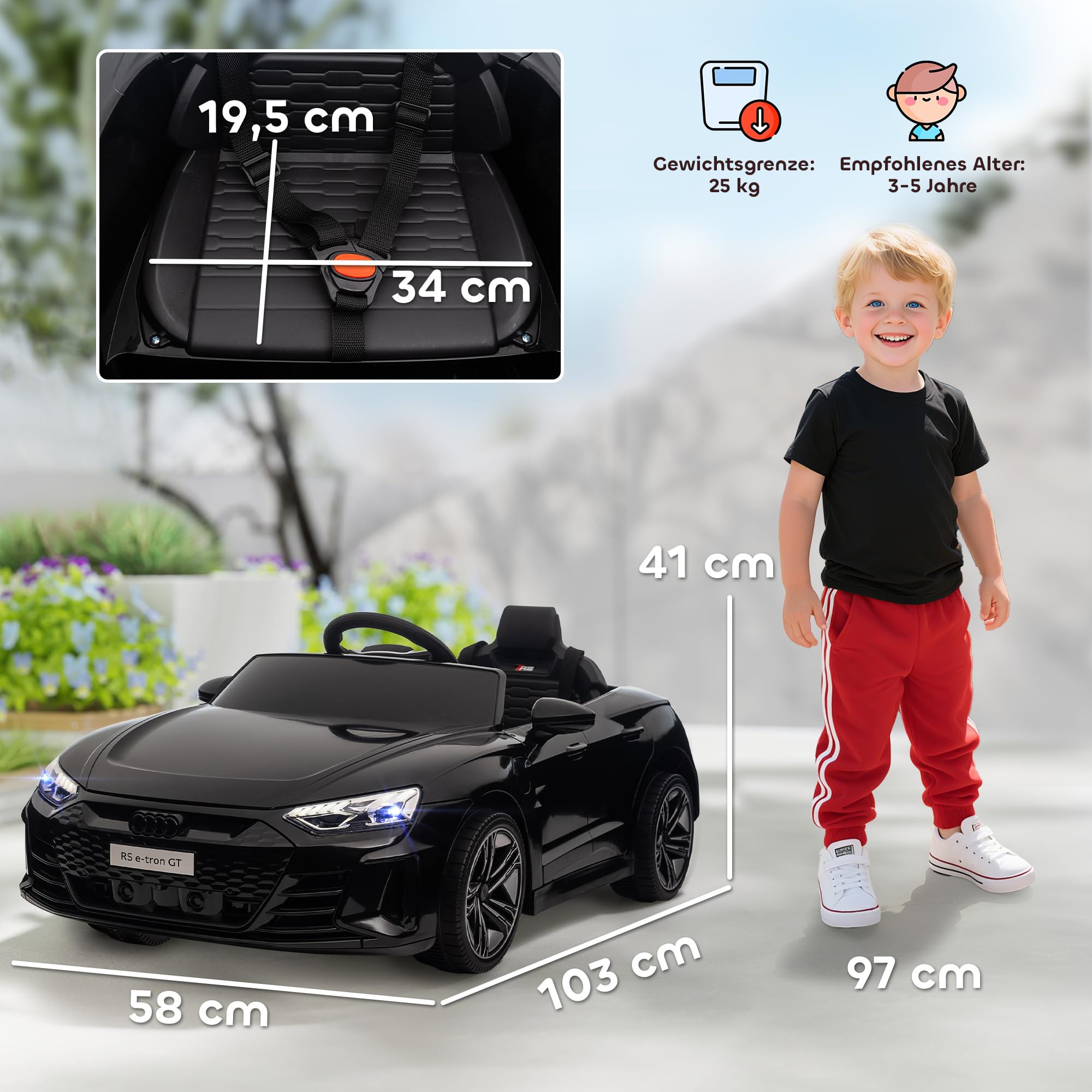 HOMCOM Kinder Elektroauto Audi RS E-tron GT 12V Kinderauto 2 Motor Schwarz | 2,4 GHz Fernbedienung, Hupe, LED, Musik, Sanftstart, Hilfsrad, für 3-5 Jahre Kinder
