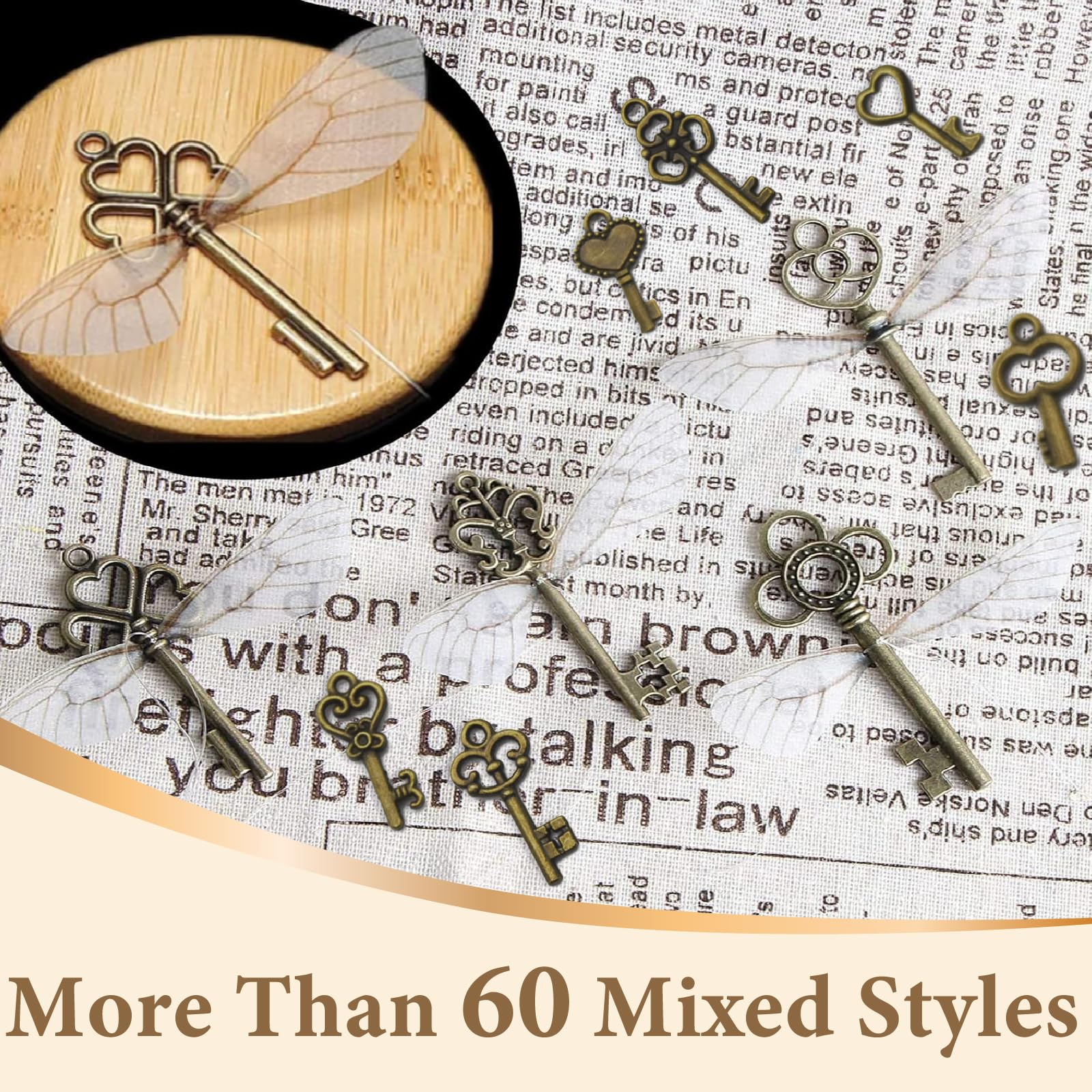 125 sztuk kluczy w stylu vintage, zawieszka w kształcie szkieletu, w stylu vintage, z 50 parami skrzydeł ważki i 13 m kryształowym sznurkiem, zestaw zawieszek do kluczy typu charms, do