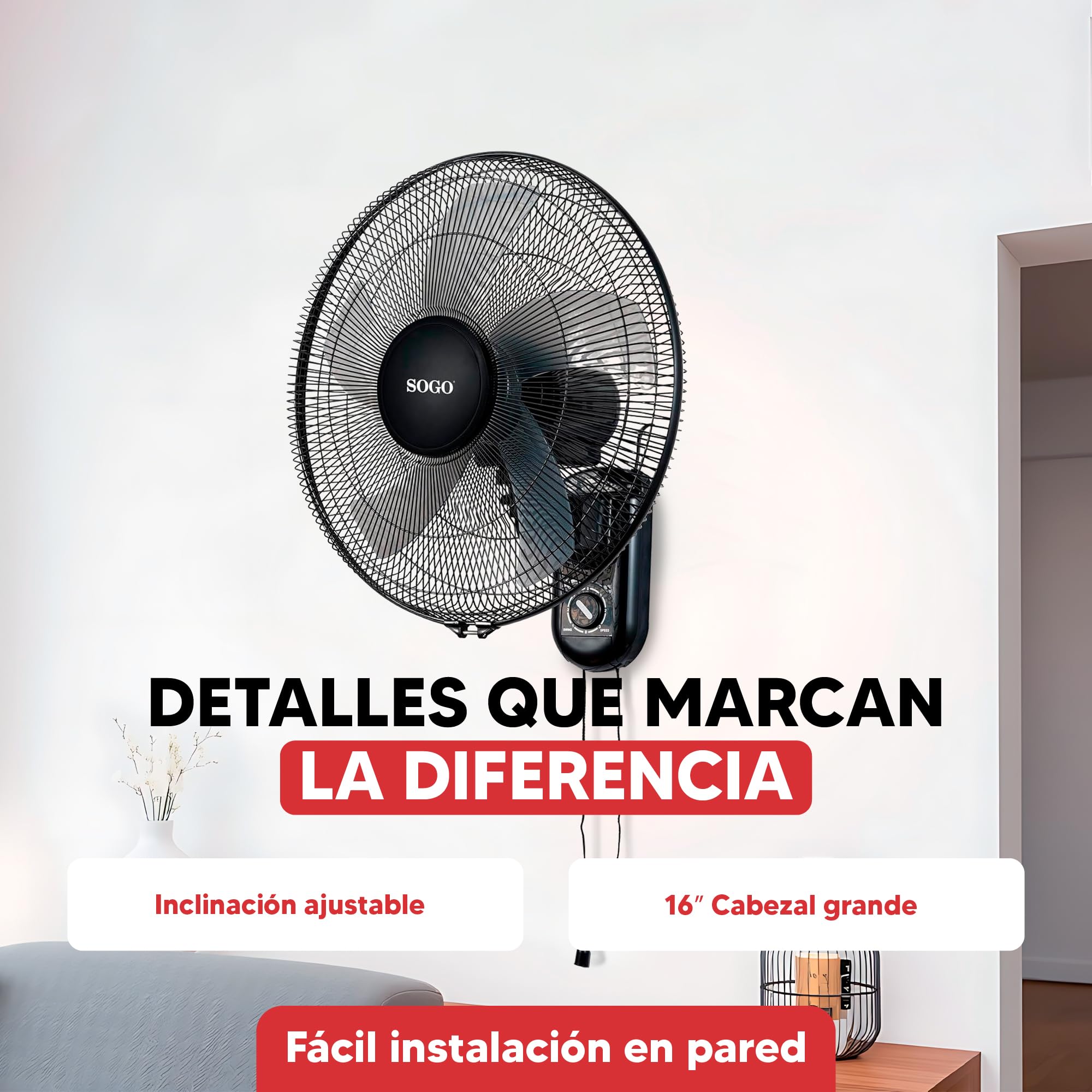 SOGO Ventilador de Pared Silencioso con 5 Aspas y 3 Velocidades - Ventilador de Pared Bajo Consumo con Oscilación Automática e Inclinación Ajustable - Ventilador Potente para Hogar u Oficina