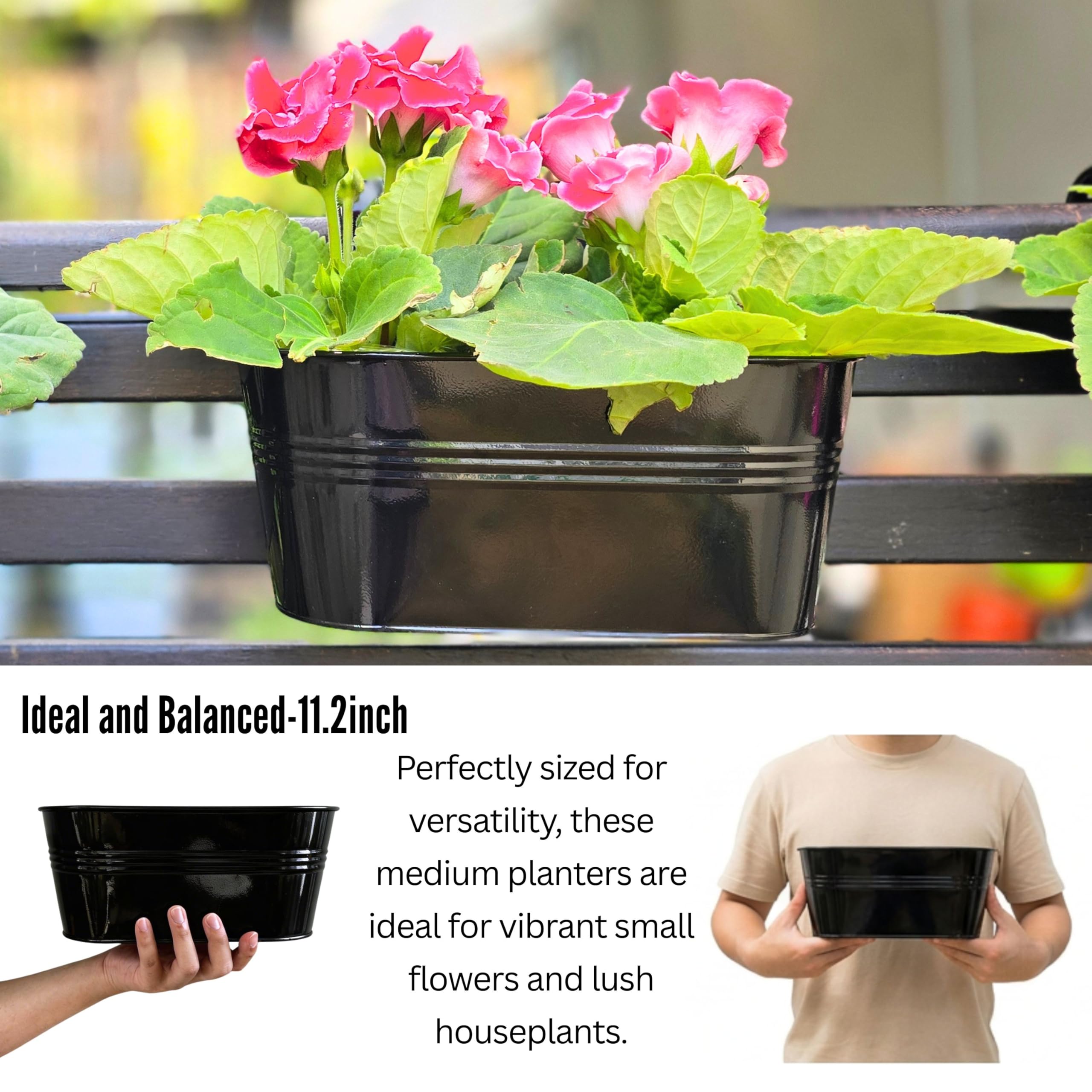 LáLáGreen Vasi da Fiori per Esterno su Ringhiera (Confezione da 8, 28.4 cm) Vasi da Fiori da Appendere in Ferro Nero per Ringhiere da Terrazzo, Recinzioni, Secchi da Giardino Moderni in Stile Boho da