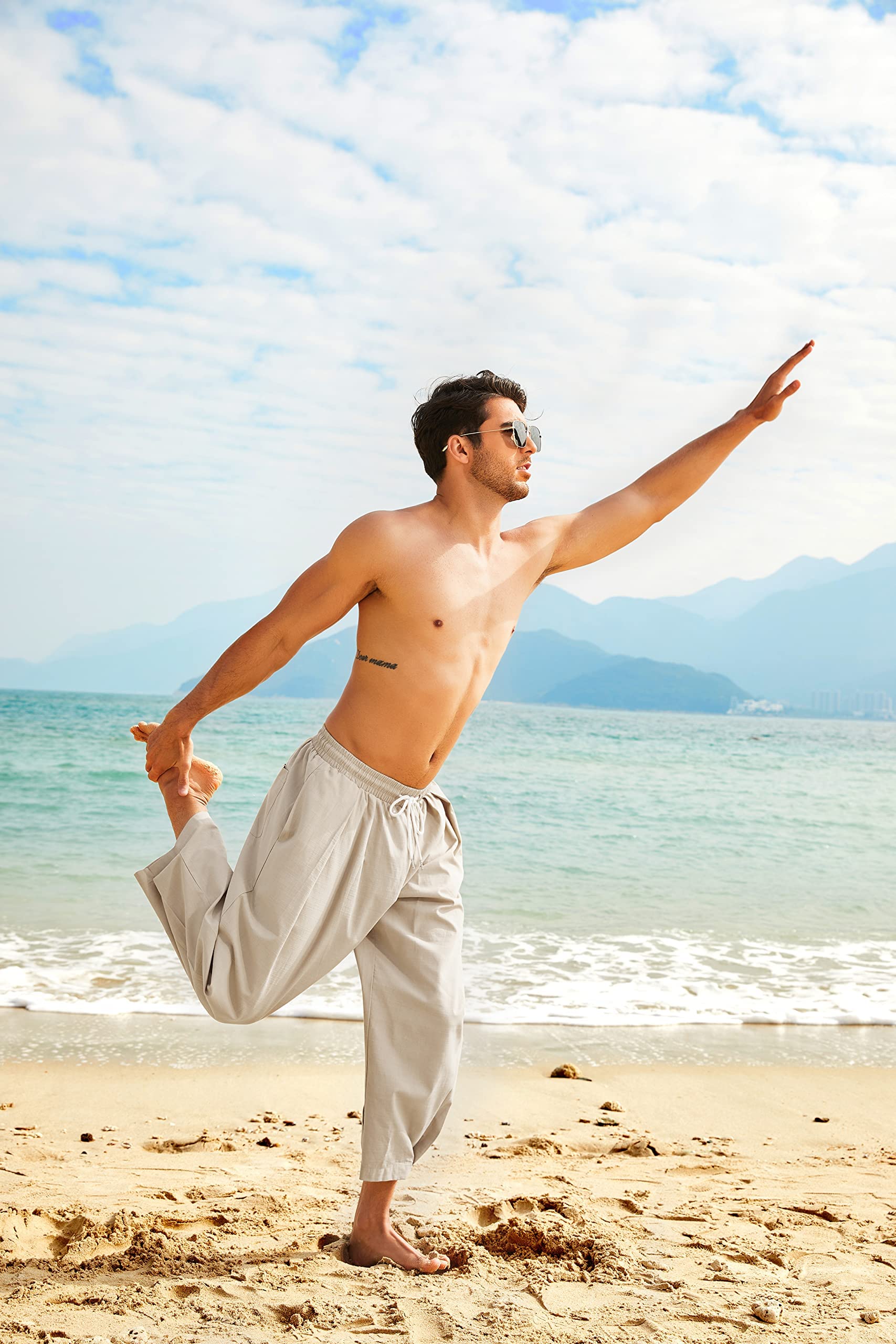 Coofandy Sarouel décontracté en Coton et Lin avec Cordon de Serrage pour Homme, léger, Ample, pour la Plage, Le Yoga avec Poches
