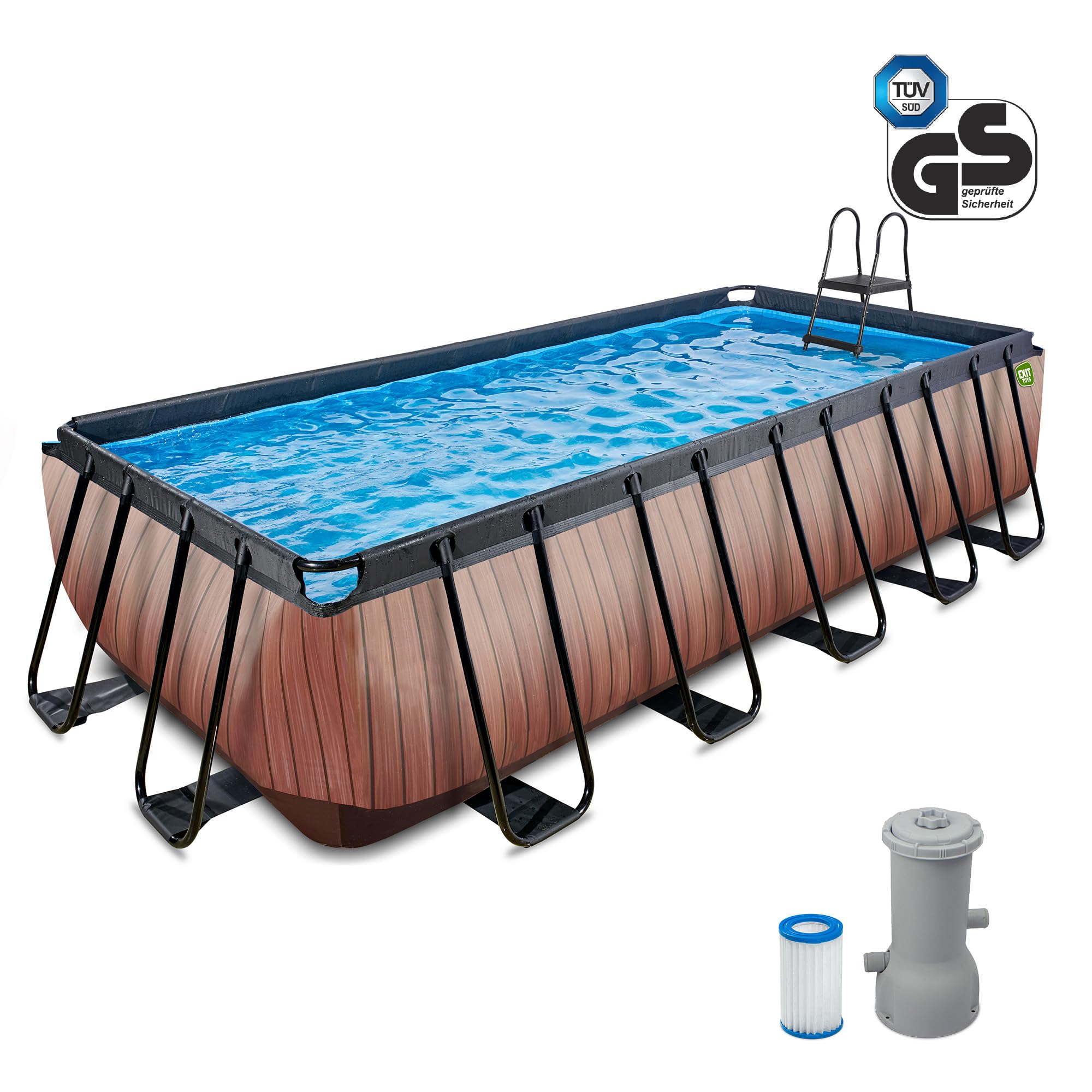 EXIT Toys Wood Pool - 540x250x122cm - Piscina de Marco Rectangular Grande con Bomba de Filtro de Cartucho - Piscina Extra Profunda - Marco Robusto - Incluye Escalera de Piscina - Diseño Único - Marrón