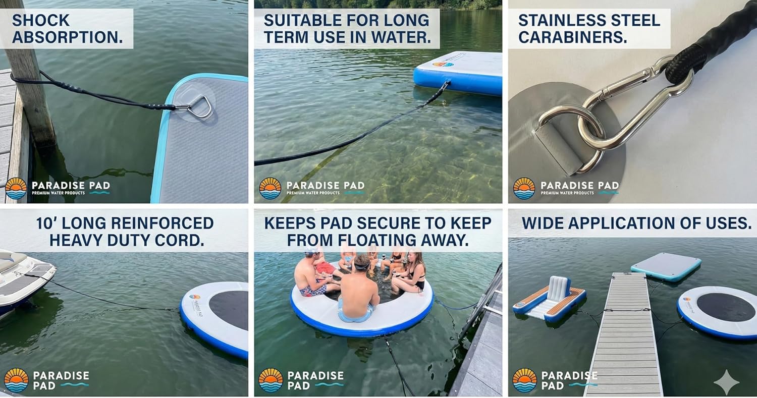 Foam Water Pad Mat Bungee, Foam Lake Mat Bungee Cord, Floating Mat Bungee, Lily Pad Bungee Cord 10' Long with 2 Stainless Steel carabiners.