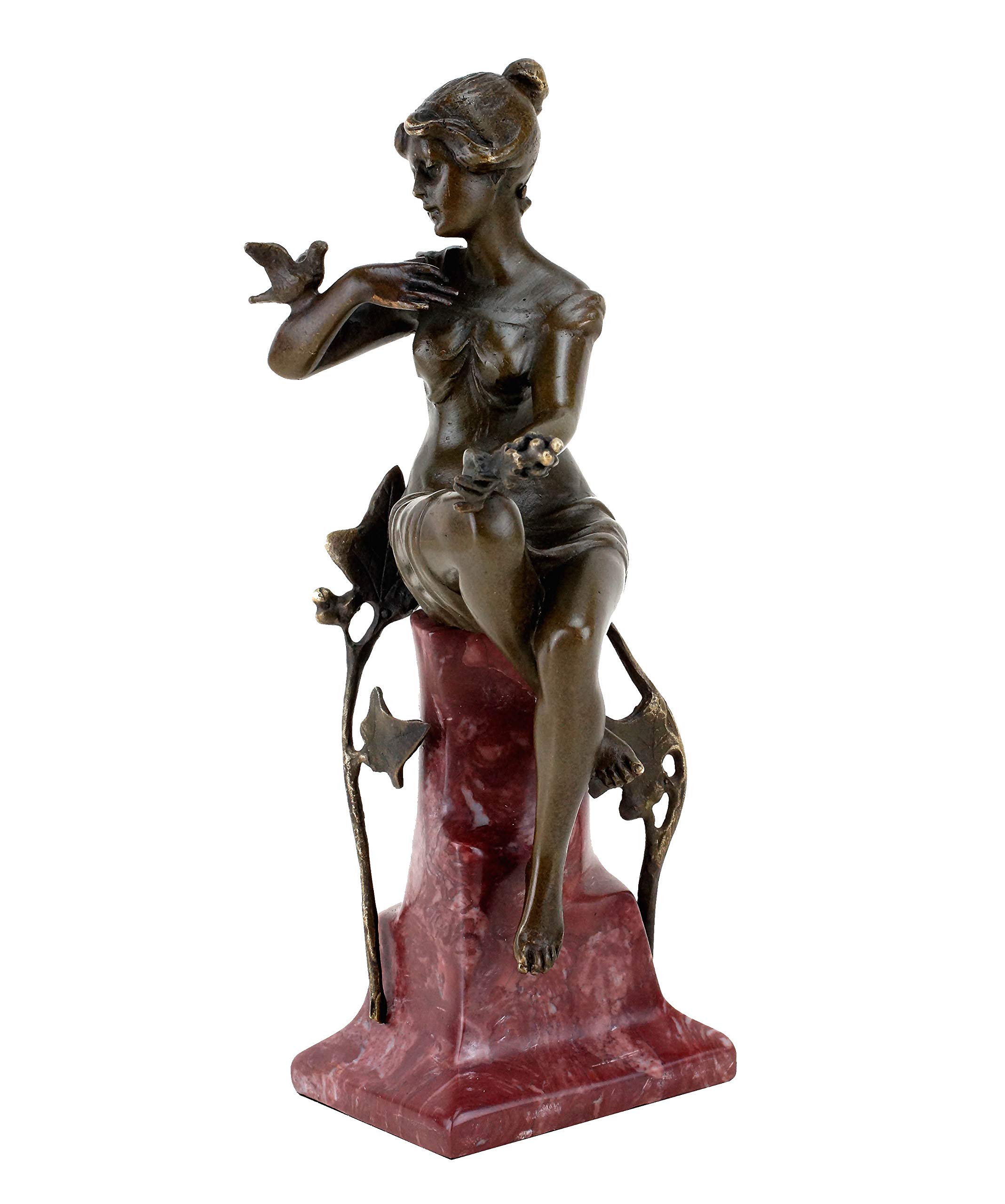 Kunst & Ambiente - Jugendstil Figur aus Bronze - Frau mit Taube - signiert Ferdinand Preiss - roter Marmorsockel - Skulpturen Online kaufen - Wohndeko für Innen und Außen