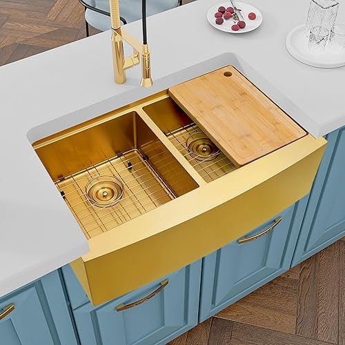 Miniatura 3 de Fregadero de cocina con delantal frontal de 33 x 20 pulgadas, fregadero de cocina dorado con doble tazón, fregadero de estación de trabajo de acero