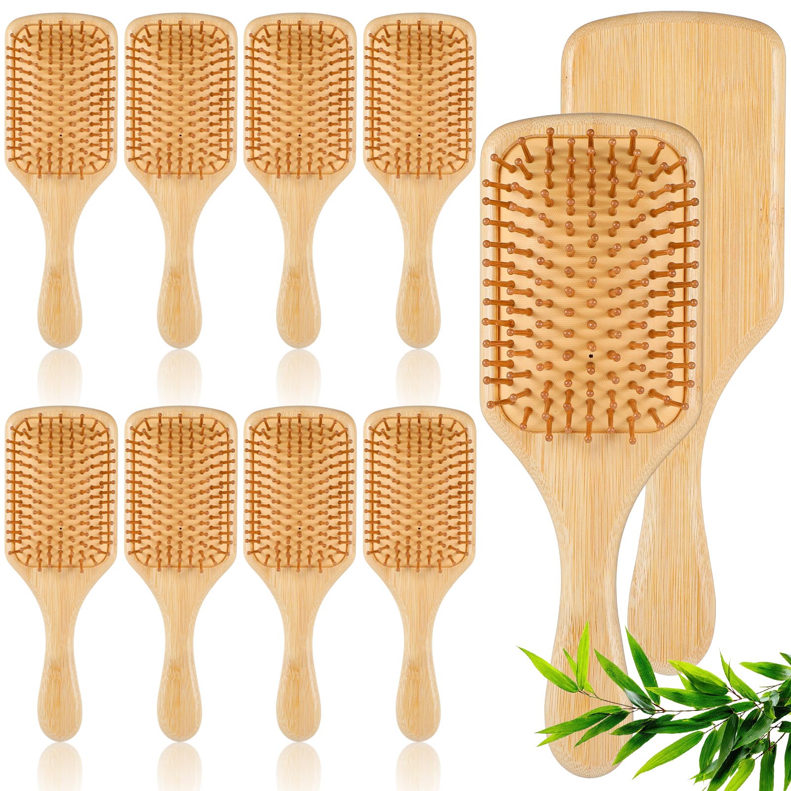 10 spazzole per capelli in bambù, con setole in bambù, per massaggi del cuoio capelluto, districante, antistatica, per tutti i tipi di capelli, per donne, feste, matrimoni (grande