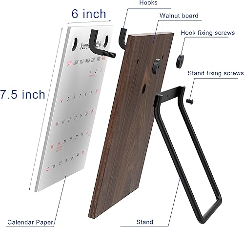 Miniatura 3 de Calendario de escritorio retro 2025-2026 de madera de nogal con soportes de hierro, adecuado para oficina, negocios y hogar (nogal negro)