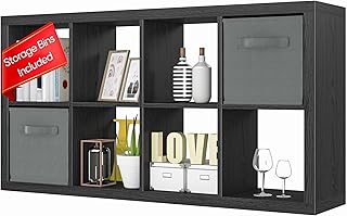 furtble Bookshelf with Storage Bins, 8-Cube Storage Organizer, Modern Black Bookshelf for Bedroom, Multifunctional Display Cube Bookshelves for Living Room, Bedroom, Home Office