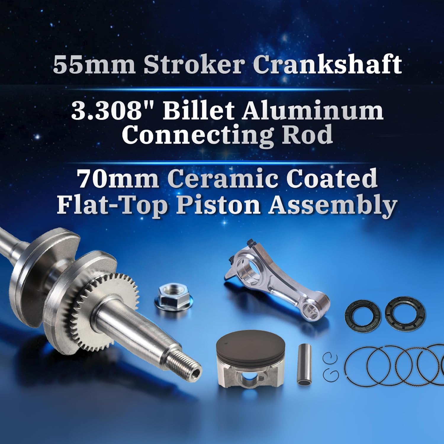 55mm Stroker Crankshaft 3.308" Billet Aluminum Connecting Rod 70mm Ceramic Coated Flat-Top Piston Stroker Rotating Assembly For Predator 212cc Hemi Engine Go Kart Mini Bike Silver