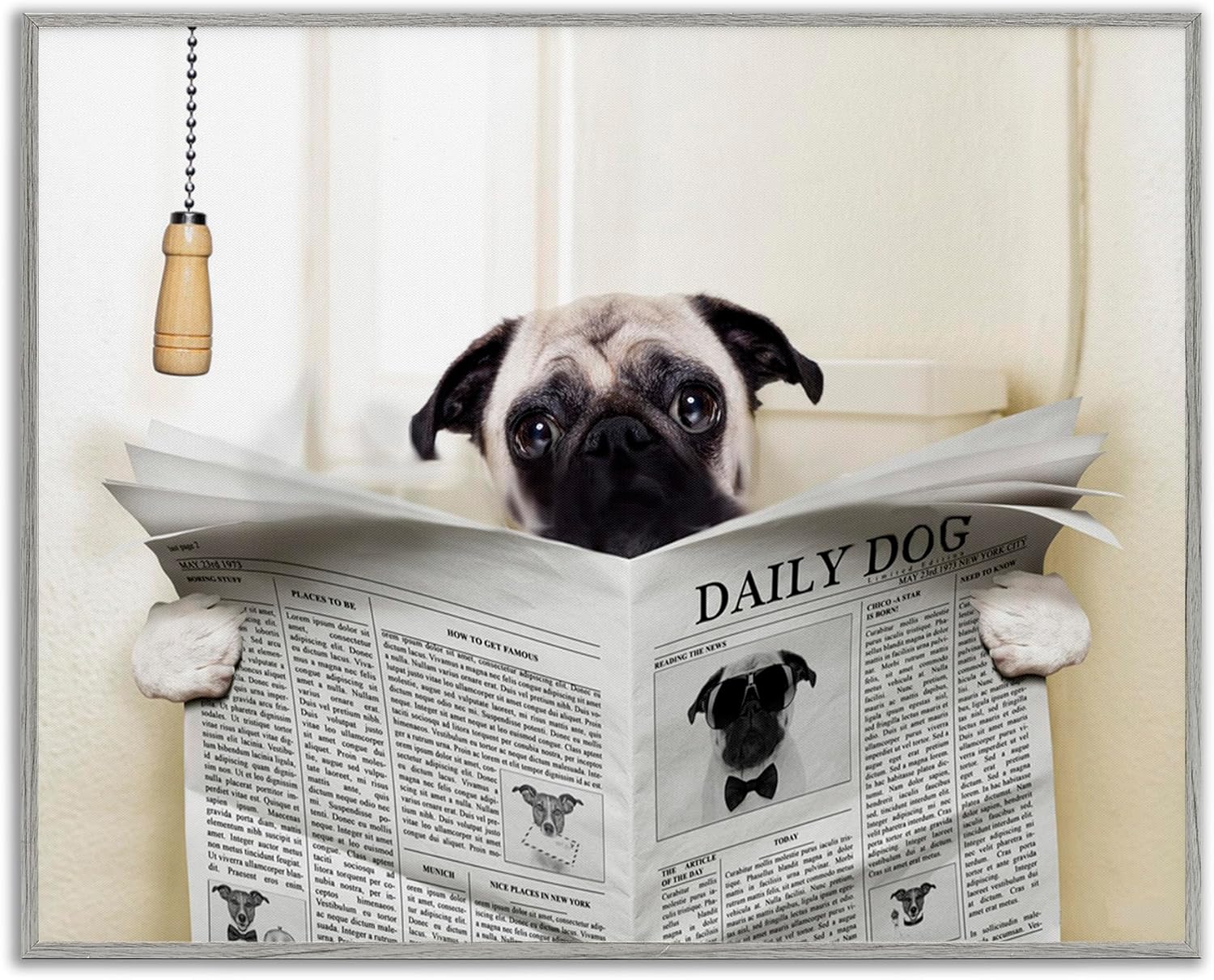 Stupell Industries Pug Reading Newspaper in Bathroom Grey Framed Wall Art, 16 x 20, Design by Artist in House Artist