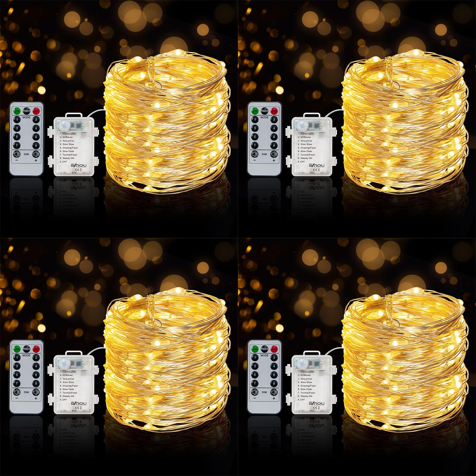 4 x Fairy String Lights Battery Operated, Silver Wire 8 Mode Chains 16.5ft 50 LEDs Firefly String Lights with Remote Control for Bedroom Christmas Party Wedding Decoration (Warm White)