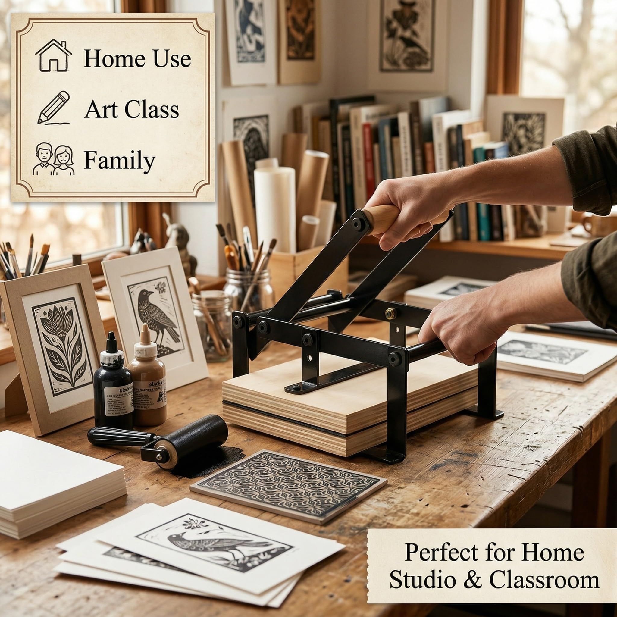 Macchina da stampa a leva manuale Linocut con rulli e feltrini per tagli di linoleum, taglio stampa, blocchi di linoleum, kit di strumenti per la stampa a blocchi di legno, nero A5
