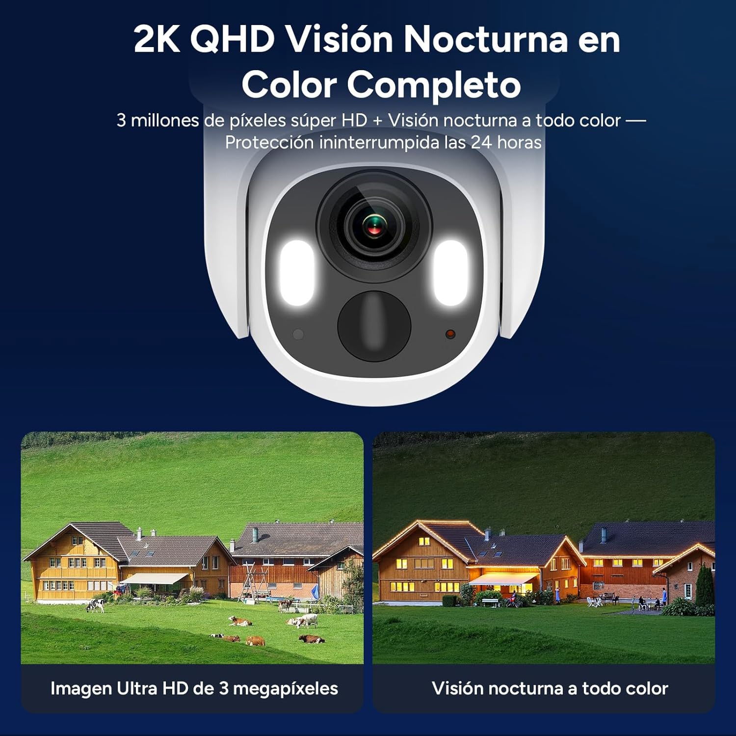 Comparison of ultra HD 3-megapixel image during the day and full-color night vision, showing clear details in both conditions.