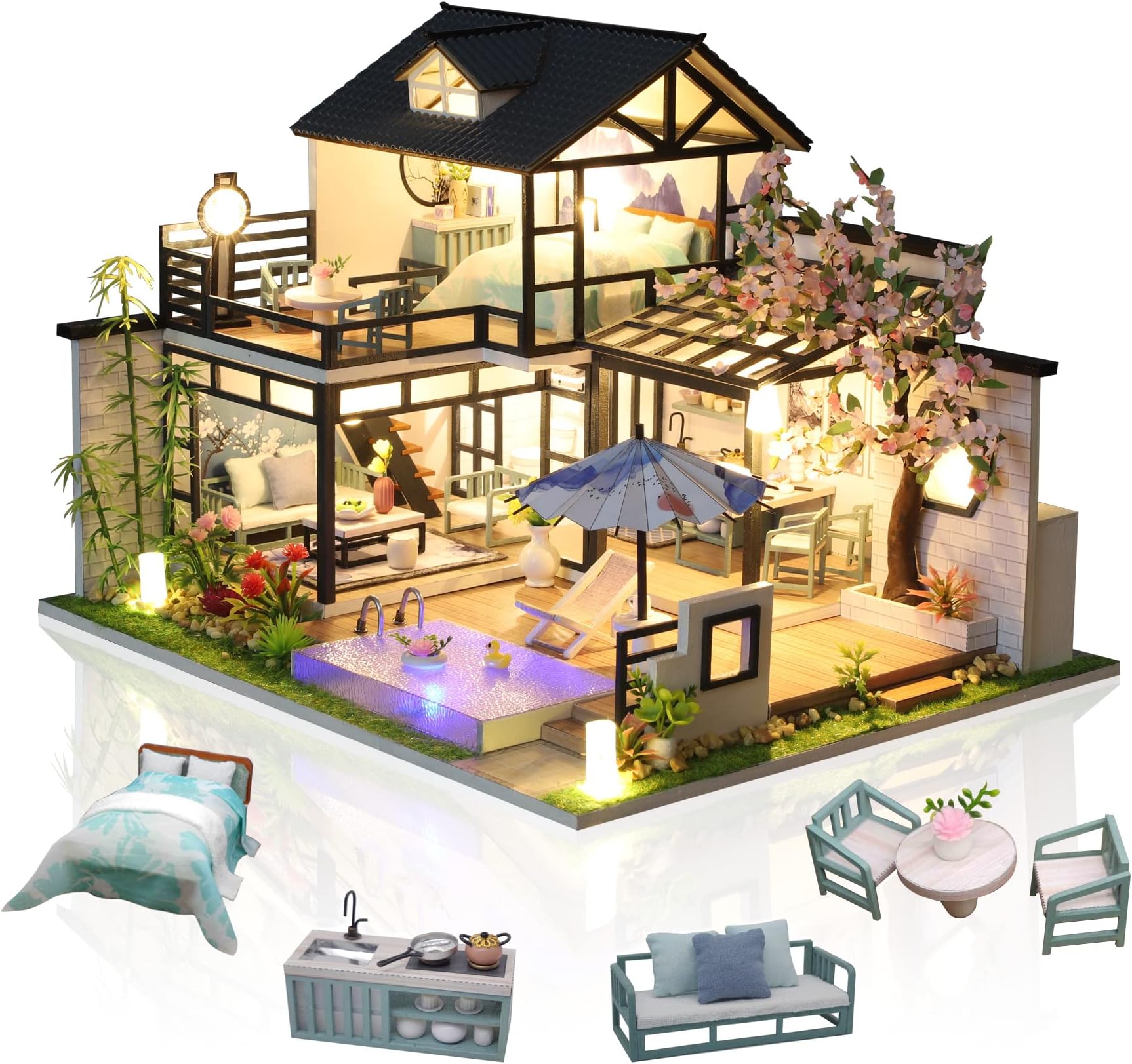 Miniature DIY Dolls House Kit, Wooden Doll Kit with Furniture, Music and Dust Cover, Handmade Crafts for Adults Birthday, Valentine's Day Father's Day(Poetic Courtyard), 2 x 24.5 x 23.5 cm