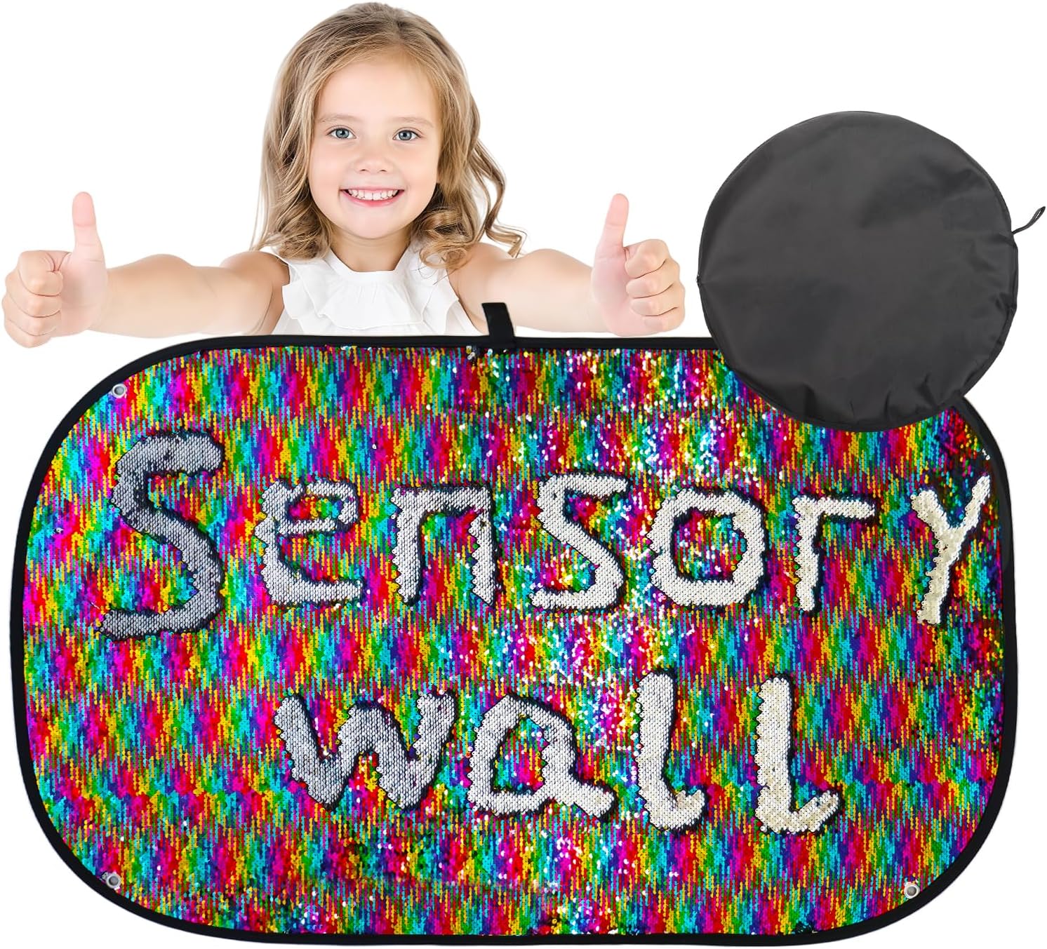 Sensory Sequin Wall Panel 40 x 27 Inch with 6 Shape Stencils – Reversible Flip Fabric Board for Kids & Classrooms, Calming Tactile Doodling Decor, Autism/ADHD Sensory Wall Toy