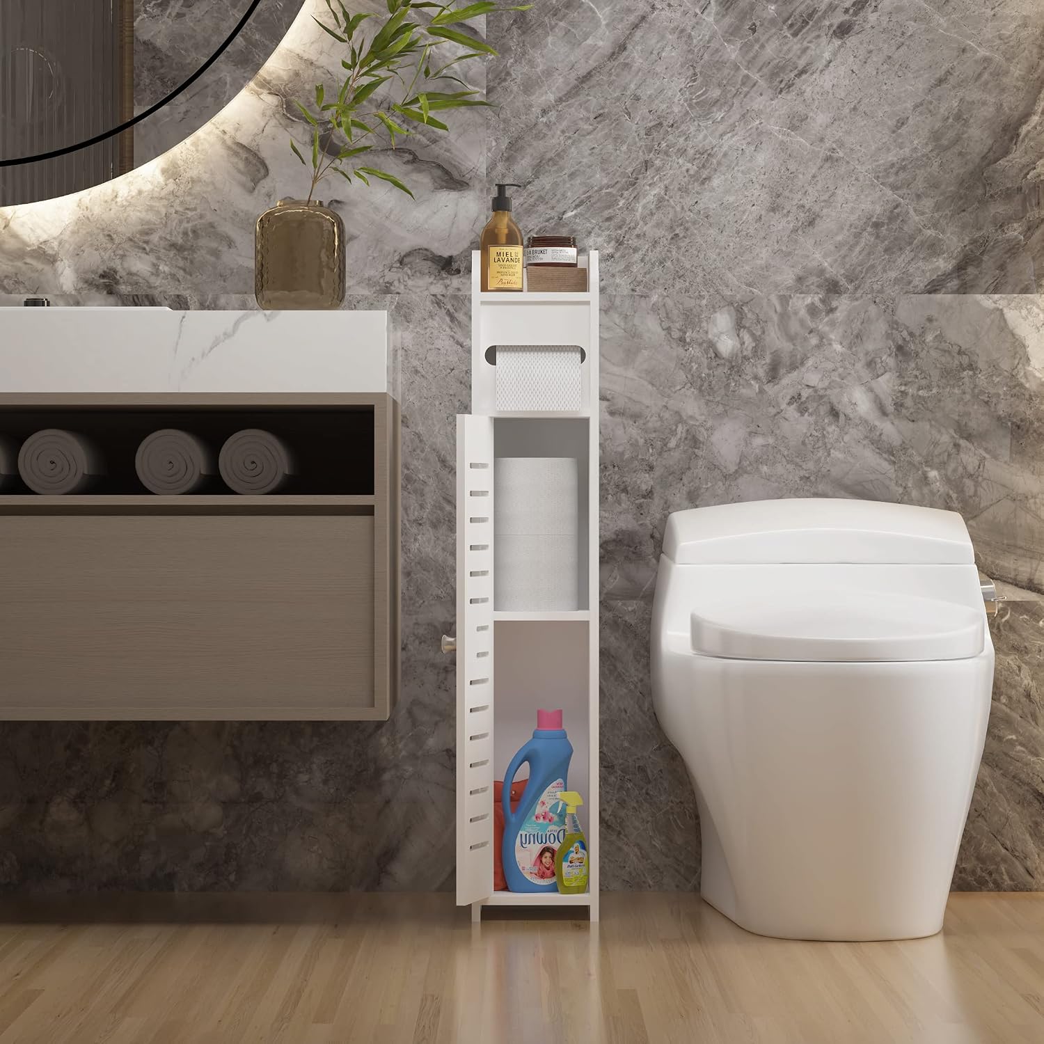 LuckyBond Small Bathroom Storage Corner Shelf with Door and Shelf Toilet Paper, Narrow Toilet Paper Holder Stand Bathroom Organizer, Slim Toilet Vanity, White