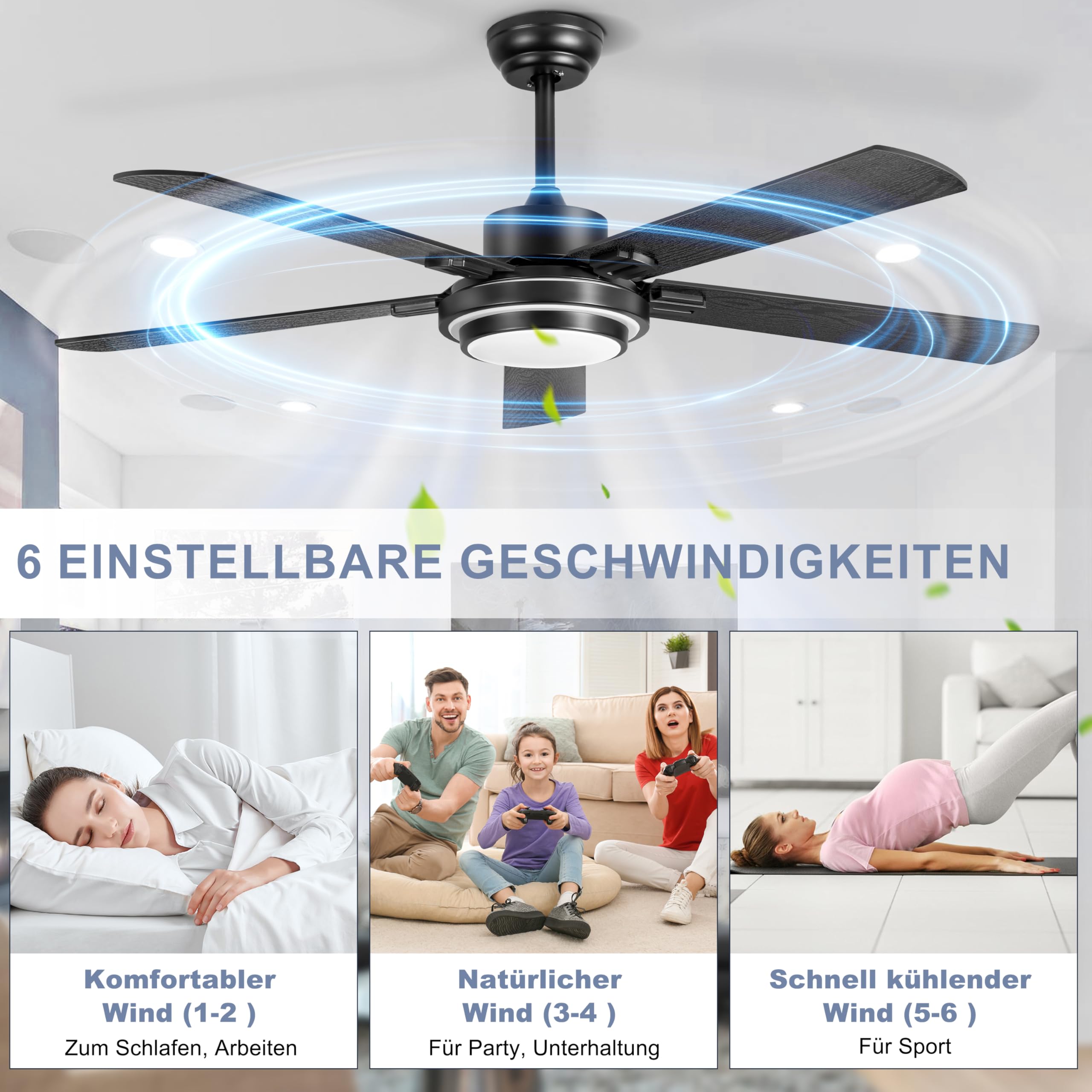 Ohniyou 52 Zoll (132cm) Deckenventilator mit Beleuchtung und Fernbedienung, App-Steuerung, Dimmbar, Umkehrbar, Leiser DC-Motor, Schwarzer Innen-/Außen-Deckenventilatoren für Schlafzimmer Terrasse