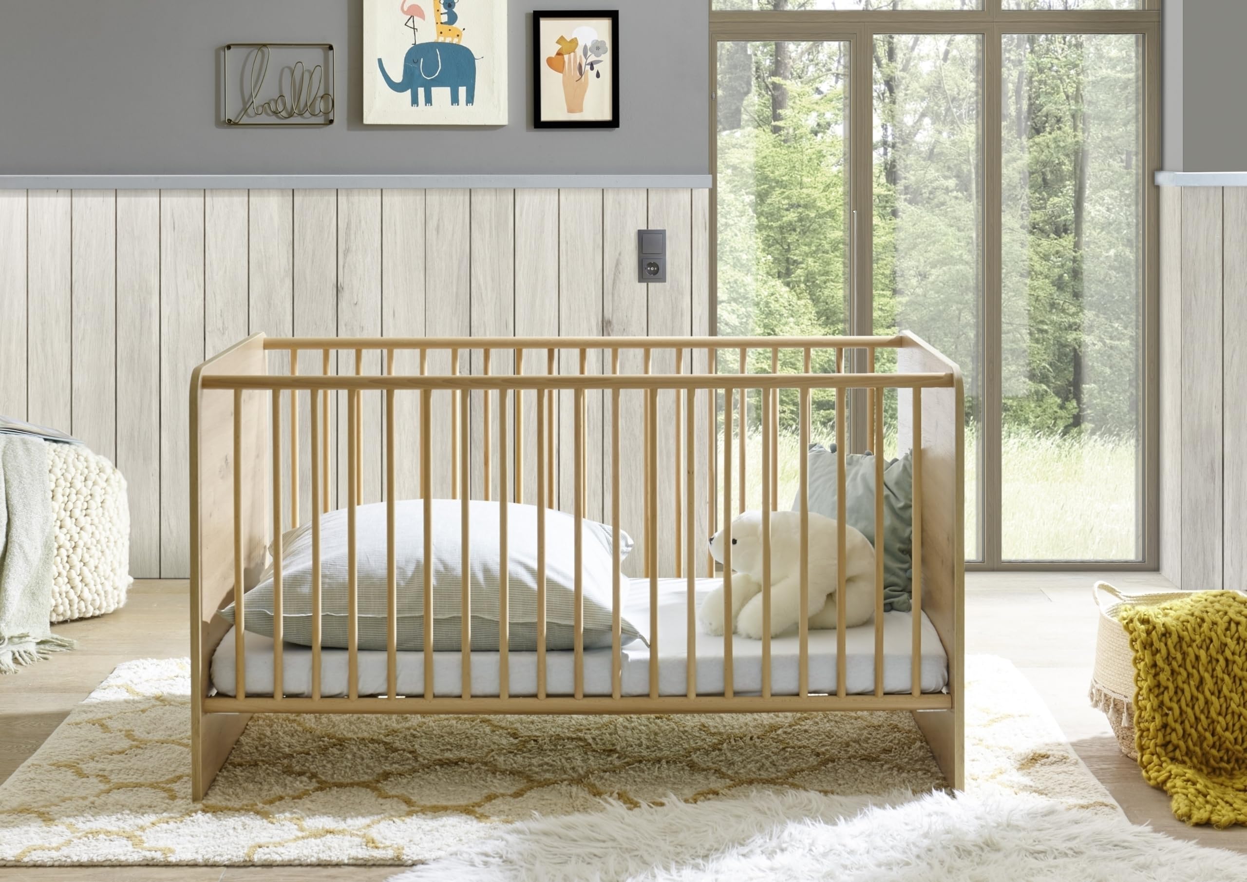 Babybett >Birta< Artisan Eiche Dekor / Salbei, Liegefläche 140x70 cm, 3 Schlupfsprossen, Liegehöhe verstellbar – 78x90x143 cm (B/H/T), robust & pflegeleicht, Dekorfolie, zerlegt, ohne Matratze