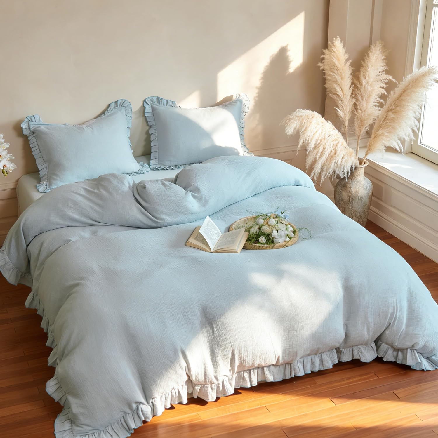 Simple&Opulence 100% Muslin Cotton Duvet Cover Set King Size, 2-Layer Gauze Ruffle Comforter Cover with Linen Like Texture, 3Pcs Breathable Soft Shabby Boho Chic Bedding for All Seasons(Light Blue)