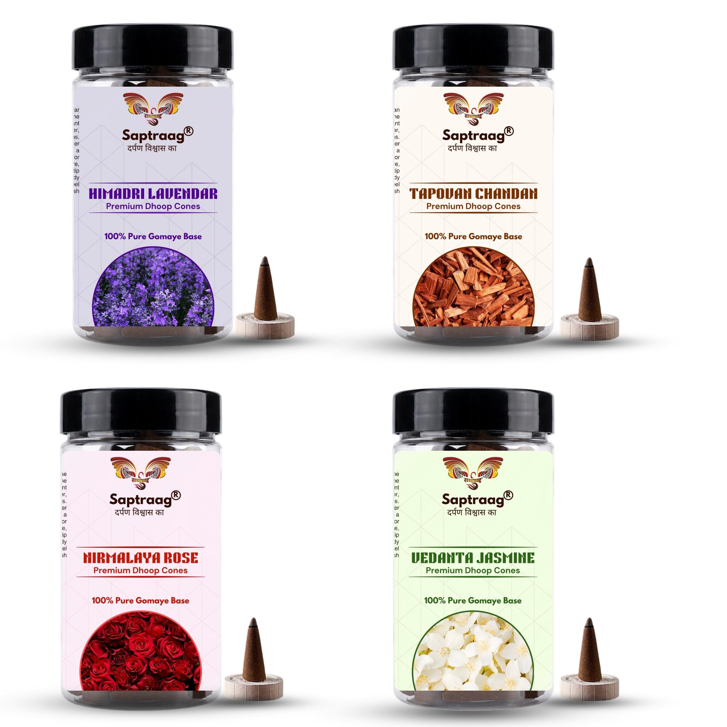 Natural Dhoop Cones Combo Pack | Rose, Jasmine, Chandan & Lavender | 100% Cow Dung Base | Charcoal Free | 4 Jars × 100 Grams + 4 Ceramic Stands | Incense Cones for Poojas | 200 Cones-image-47