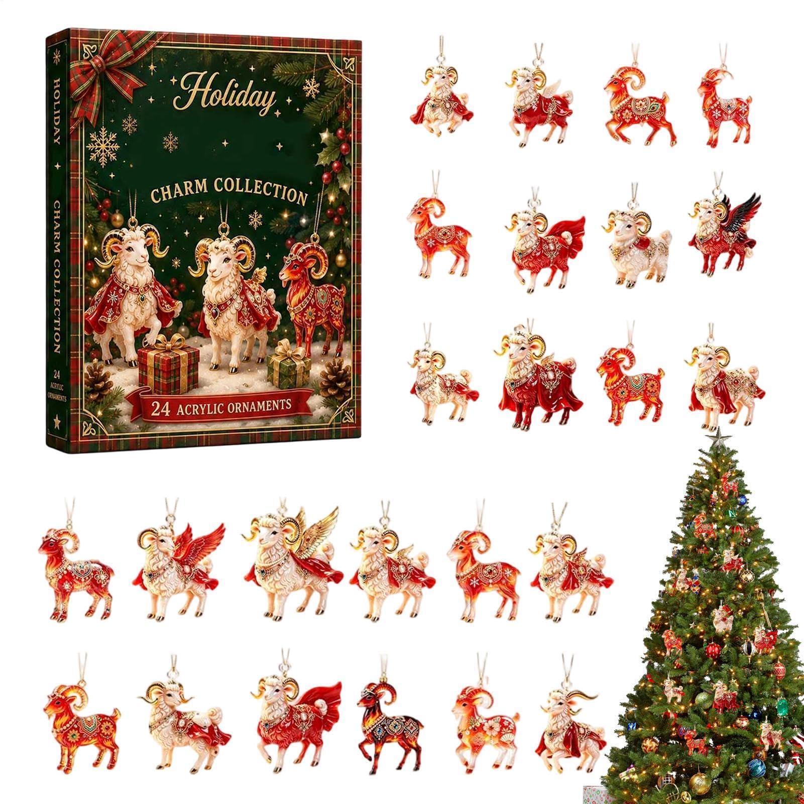 Weihnachts-Ziege Adventskalender Countdown 2D Acryl Ziegen Anhänger Charms | 24 Tage Tier Spielzeug Countdown für Kaminsims Fenster Wand Fest Party Feiertag Büros Zuhause Zimmer