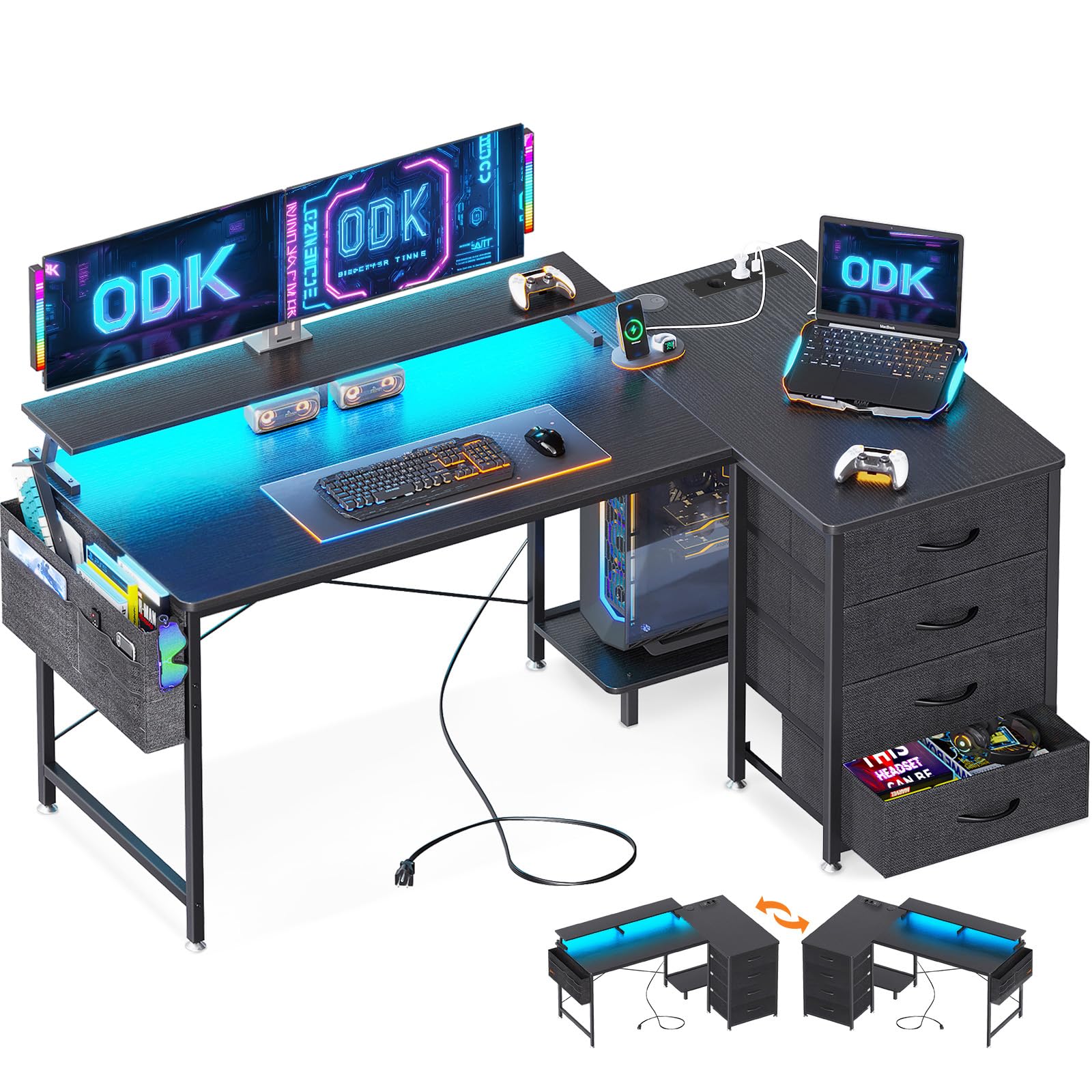 ODK Escritorio Esquinero Reversible, Escritorio Gaming en L con LED, Mesa en L con 4 Cajón, Mesa de Ordenador con Puerto de Carga USB y Toma de Corriente para Hogar (Negro,140x80x84.7cm)