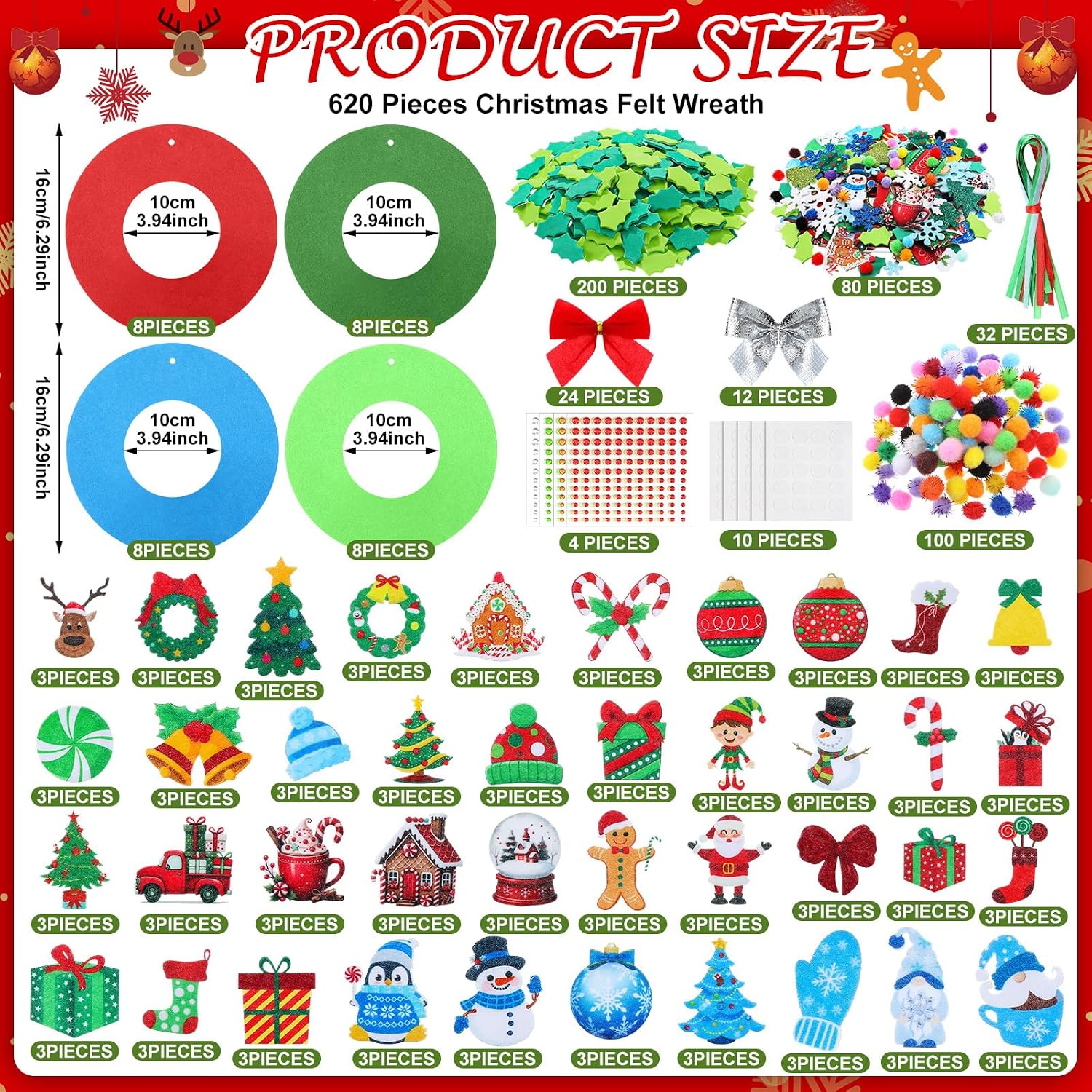 Moucuny 32 Sets DIY Christmas Crafts Kits Christmas Foam Wreath Craft Kits Snowman Santa Bows Sticker Wreath Ornaments Arts and Crafts for Home Indoor Decoration (Novel,Multicolor)