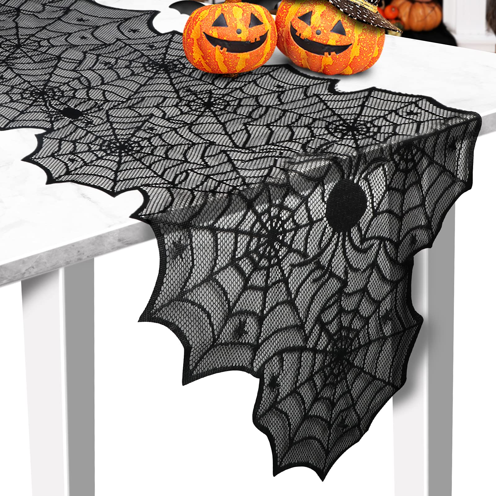 Halloween Table Runner, Black Lace Spider Web Table Runners for Halloween Table Decor, Vivid Polyester Spider Web Tablecloth, Creepy Table Cloth for Halloween Party Dinner Table Decoration 13 x 72Inch