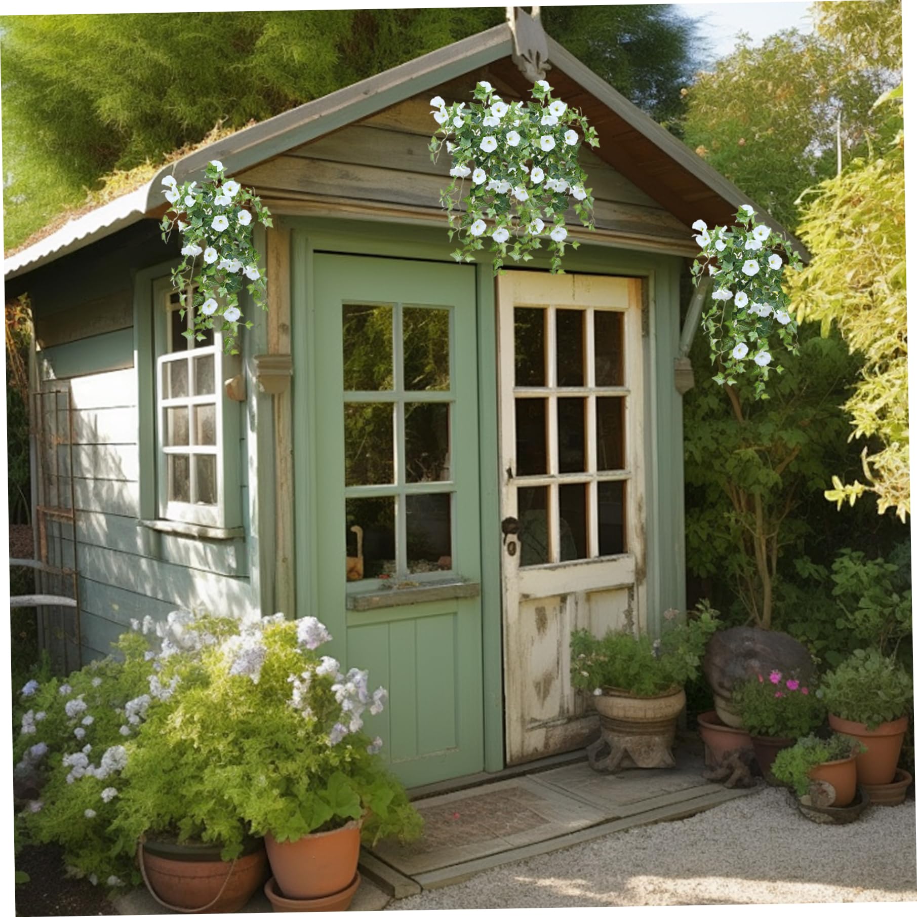 Flores artificiales colgantes para exteriores 4 ramos de petunias artificiales blancas de 66 cm de largo petunias de seda sintética resistentes a los rayos UV flores colgantes para bodas y jardines.