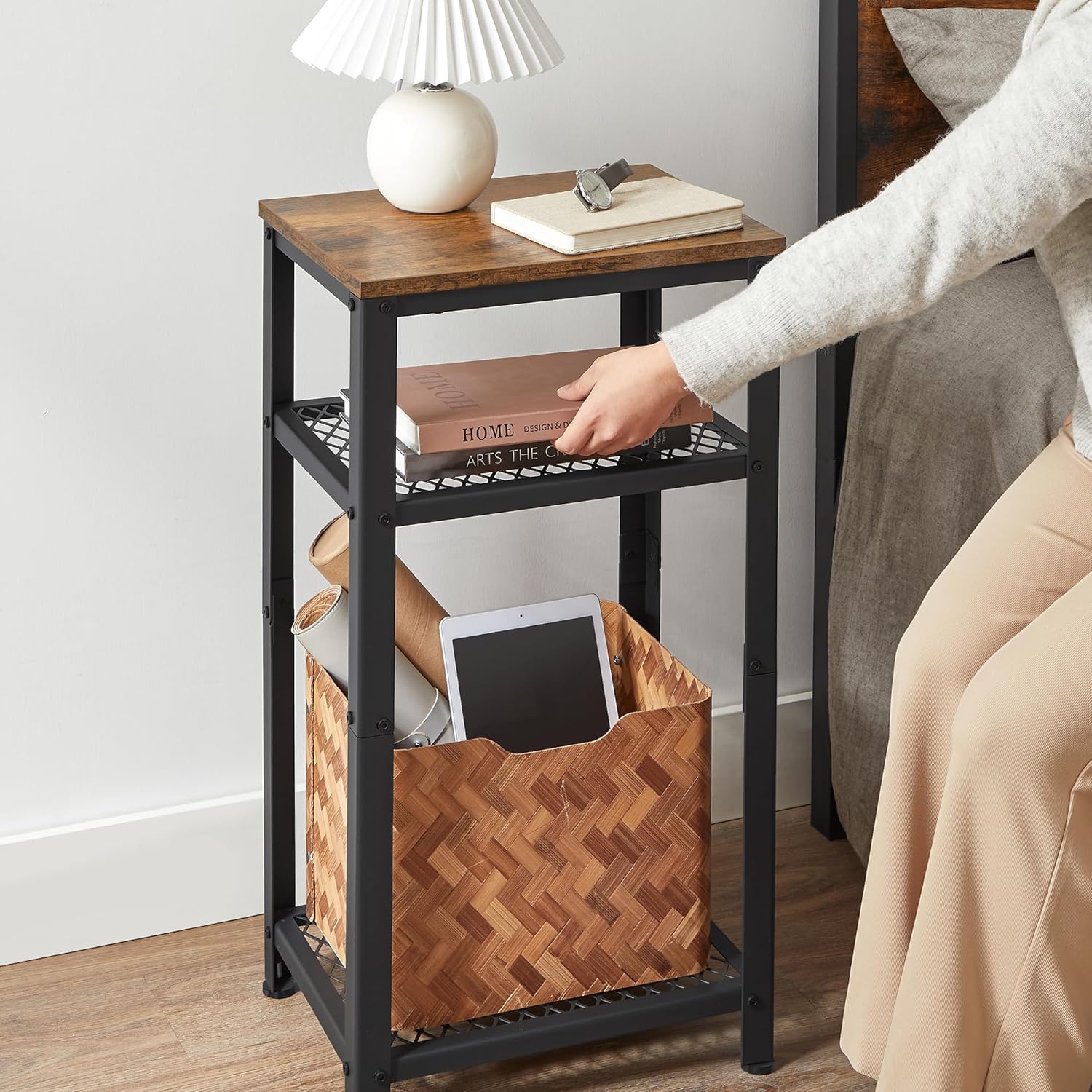 VASAGLE Side Table, Bedside Table, Sofa End Table, Telephone Table, with 2 Lattice Shelves, for Office, Hallway, Living Room, Steel Frame, Rustic Brown and Black LET75BX