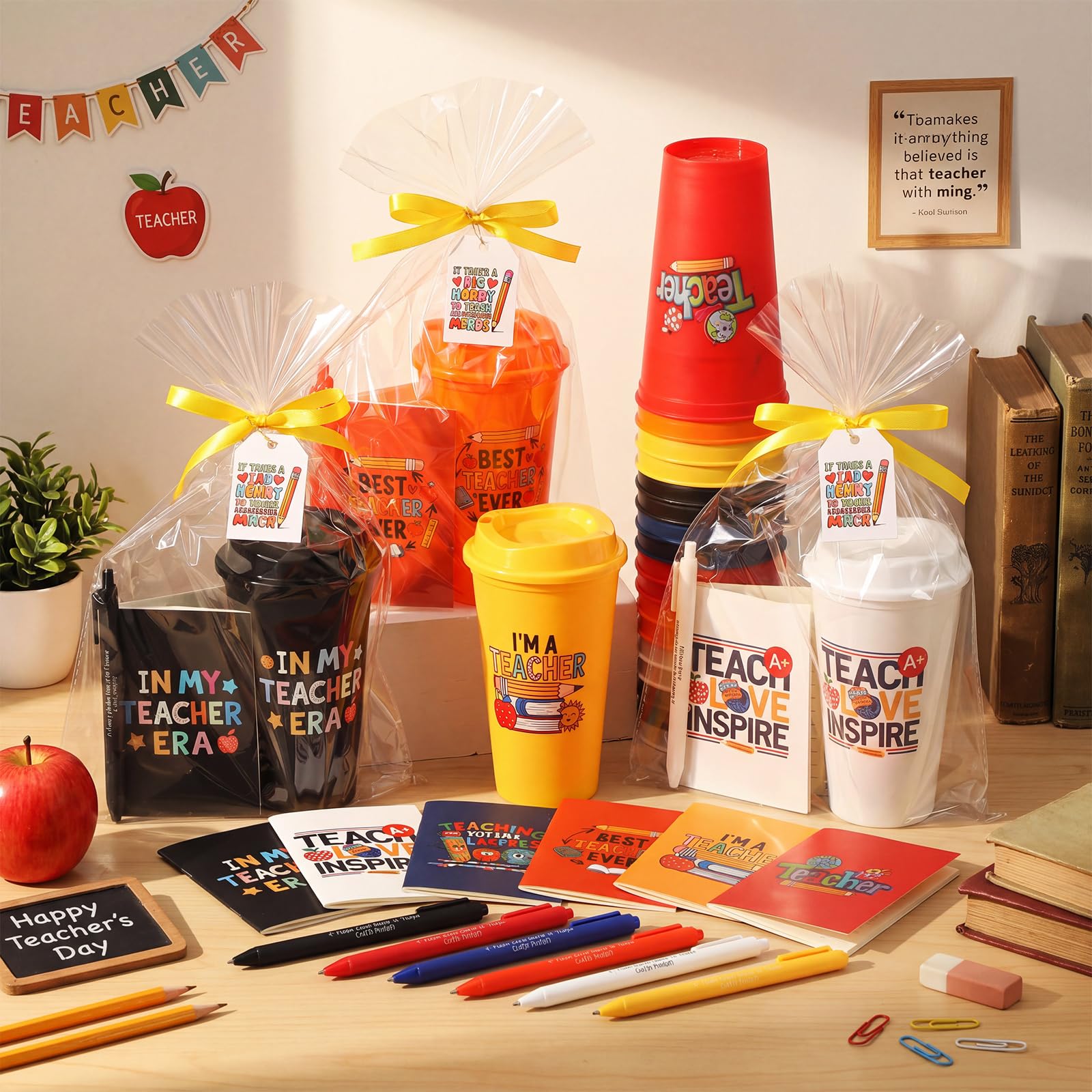 Thenshop Set da 24/96 pezzi di tazze da caffè ispiratrici con coperchio, mini quaderni, penna a sfera e sacchetto regalo, per Natale, colleghi, personale, feste (insegnante)