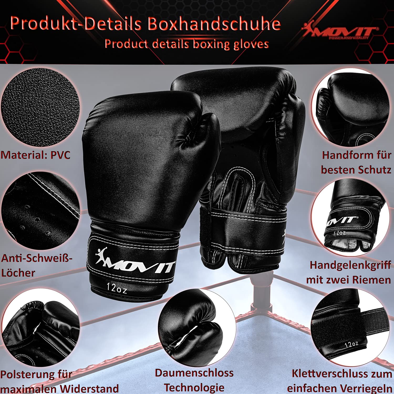 MOVIT Boxsack-Set 25 kg, gefüllt, inkl. Boxsack (Höhe 80cm x Durchmesser 30cm), 12 oz Boxhandschuhe, Boxbandagen, für Erwachsene, Boxing Boxen, schwarz oder weiß