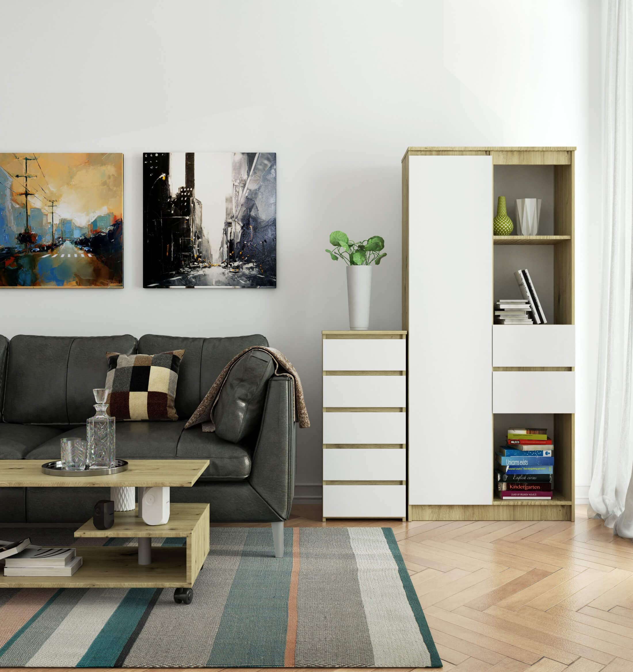 AKORD | Cómoda con 5 cajones | Cómoda Alta | Mueble Moderno para Sala de Estar, Comedor, Dormitorio, Entrada, baño | Armario para habitación Infantil | 35x40x92 cm | Roble Artisan & Blanco Frente