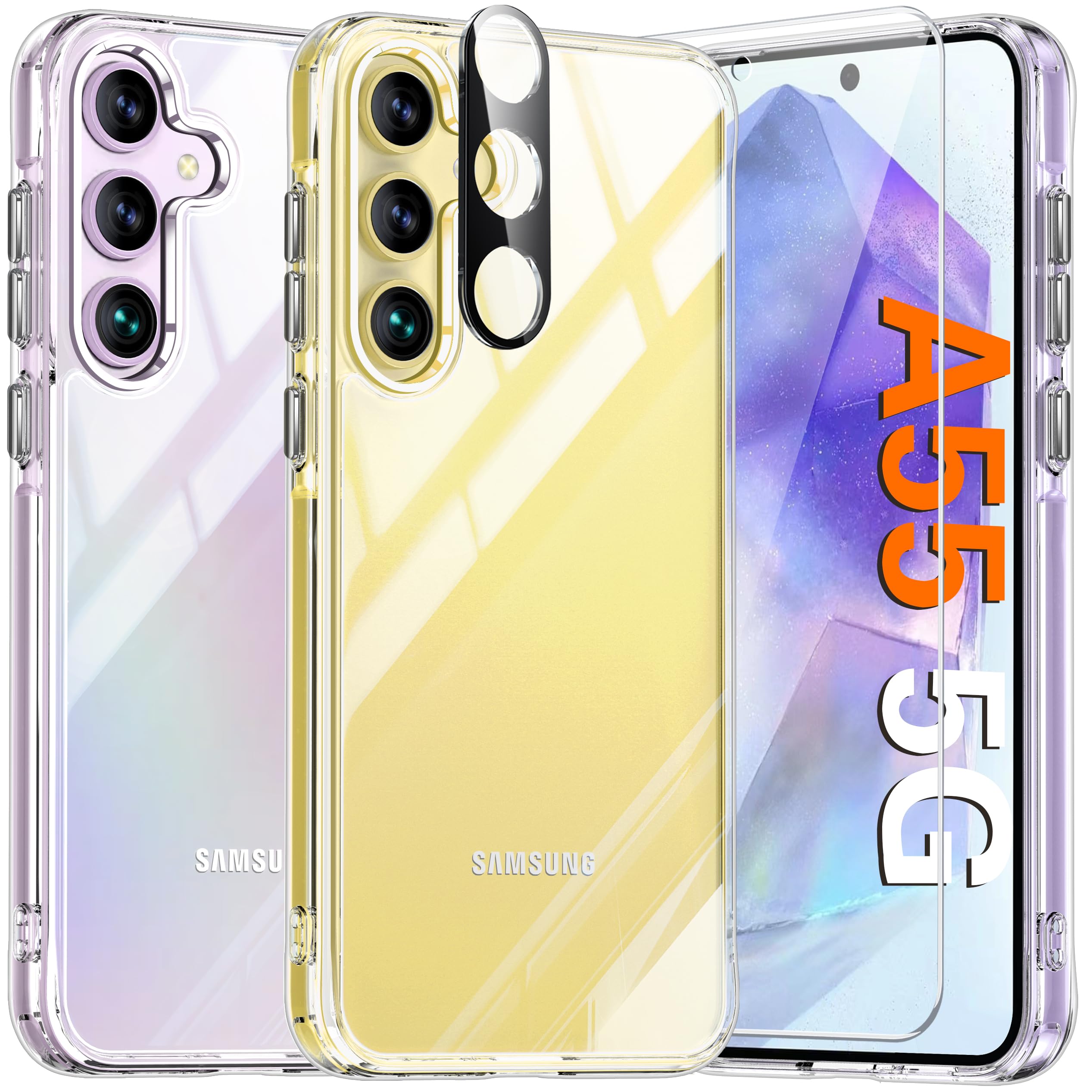 for Samsung Galaxy A55 5G Case, Clear [Not-Yellowing] Galaxy A55 Case with Screen & Lens Protector, [10 FT Military Grade Protection] Slim Shockproof Phone Case for A55 5G, Clear