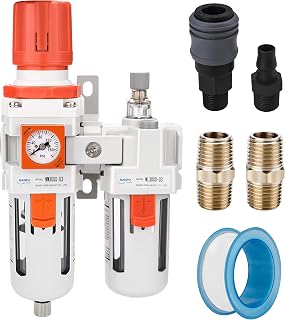 1/2" NPT Embedded Gauge Compressed Air Filter Regulator Lubricator Combo Water/Oil Trap Separator - 0-180 psi Gauge, Semi-Auto Drain,Poly Bowl, Bracket - 3 in 1 Two Unit