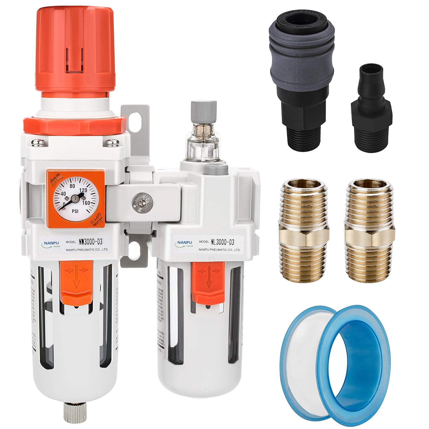 NANPU 1/4" NPT Embedded Gauge Compressed Air Filter, Regulator＆Lubricator Combo Water/Oil Trap Separator - 0-180 psi Gauge, Semi-Auto Drain, Poly Bowl, Metal Bracket - 3 in 1 Two Unit