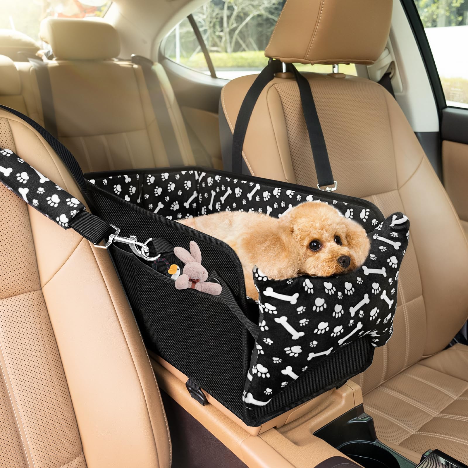 Photo 1 of Center Console Dog Car Seat, Portable Pet Cat Puppy Booster Armrest Carseat, Anti-Collapse Pet Car Seat with Safety Leash, Adjustable Straps, Storage Pockets, Support Pet Up to 15lbs (Black)