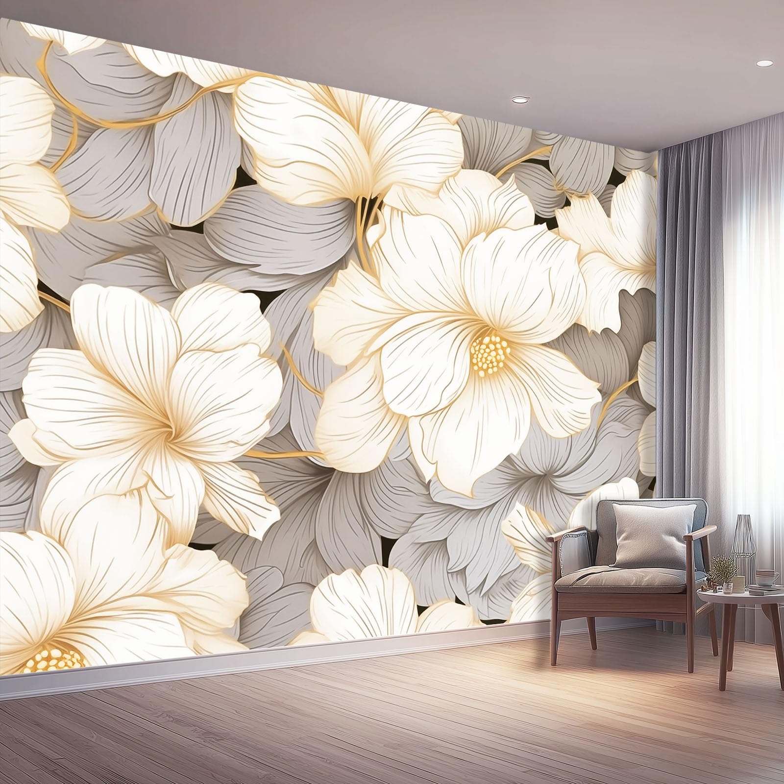 Genérico Papel Pintado Gris, Papel Pintado Tejido no Tejido Estética Líneas Patrones Florales para Salón y Dormitorio - Decoración de Pared 250 x 175 cm（WxH