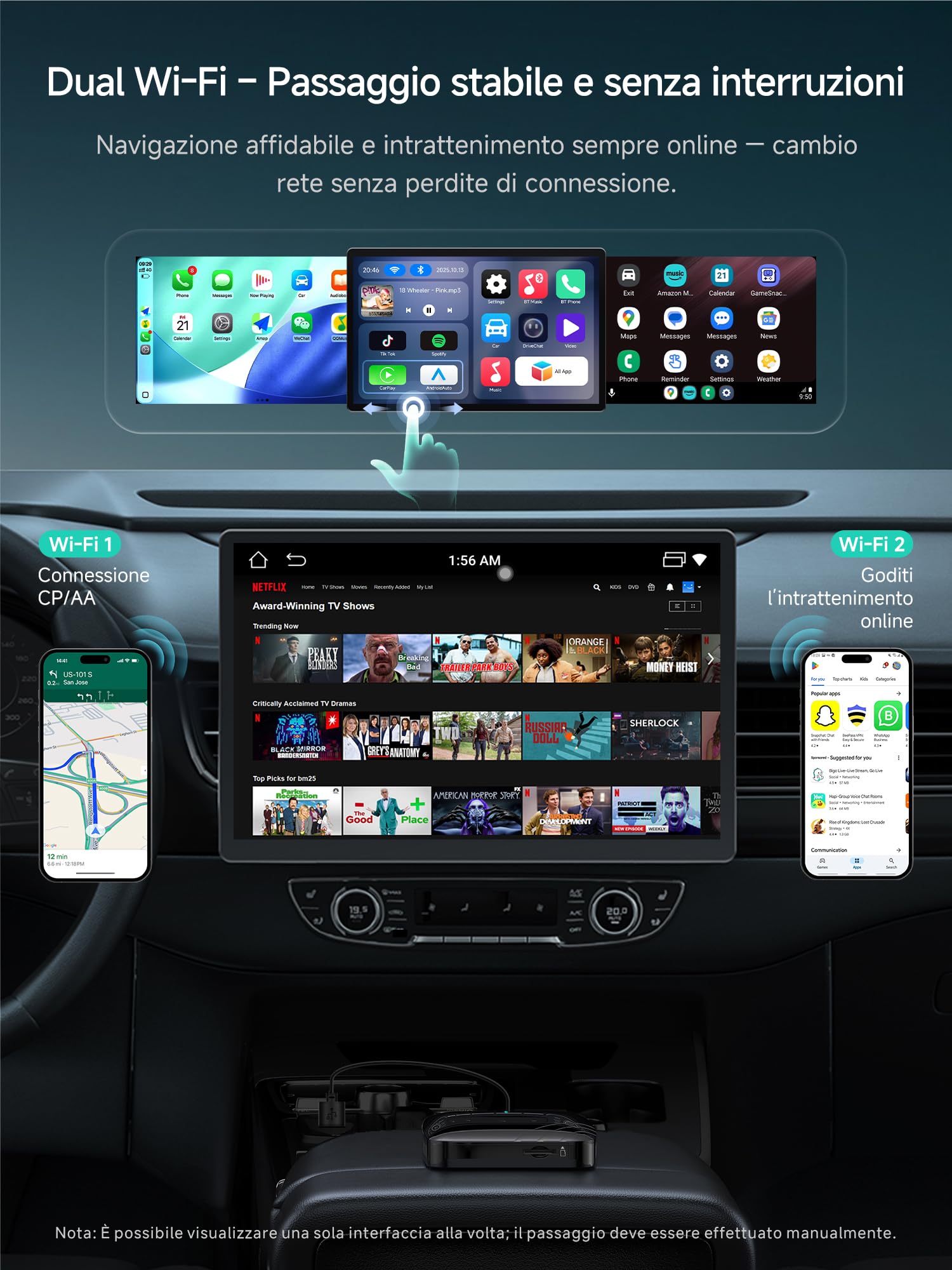 Adaptateur CarPlay sans Fil Android Auto, Boîtier AI Vidéo Auto 3-en-1 pour CP/AA Filaire OEM, 4G+32G, Double Wi-FI & Hub IoT Bluetooth, pour Netflix/Youtube/TikTok/Carte TF, CB4B