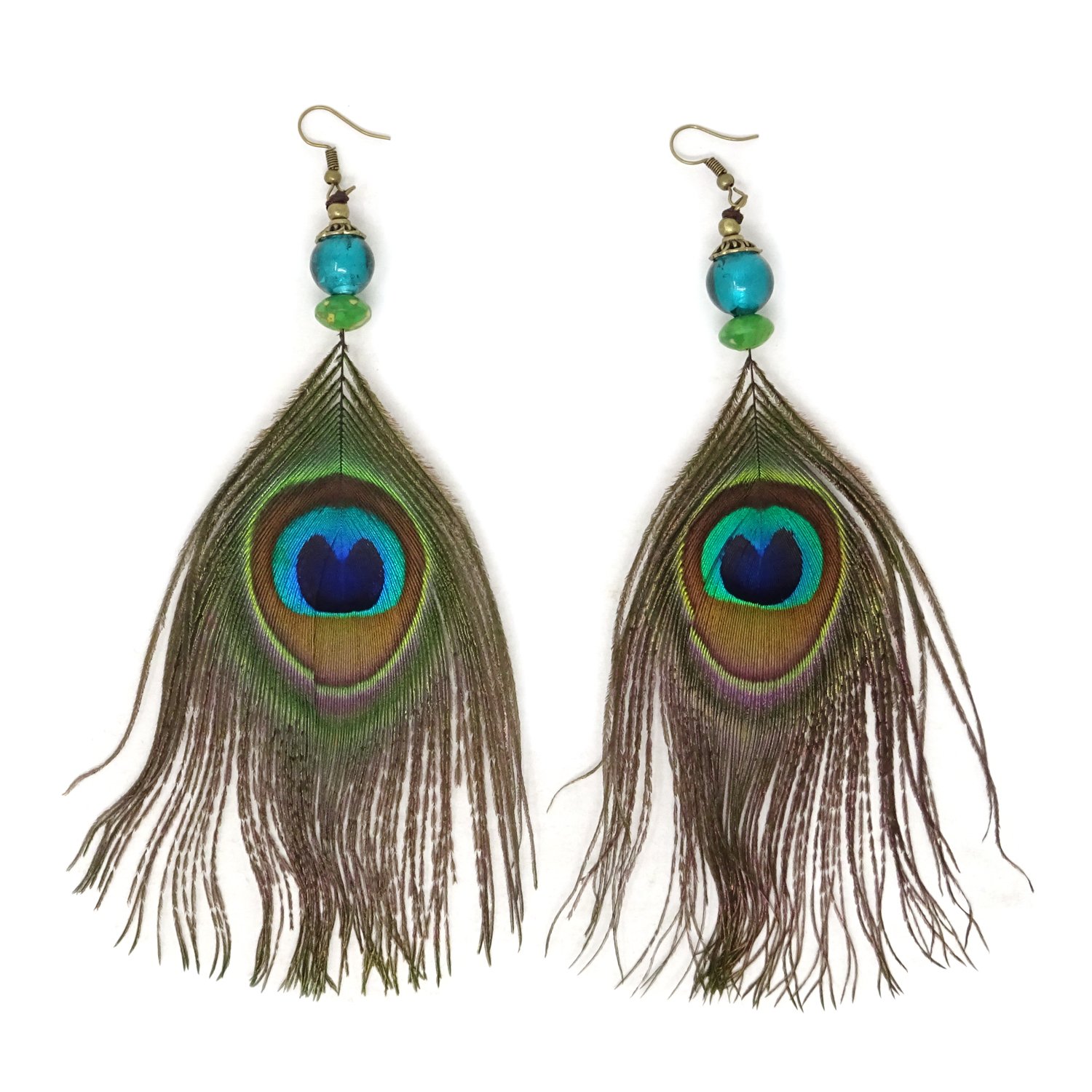Honbay 1 Pair of Handmade Super Light Peacock Feather Dangle Drop Earrings with Glass Beads