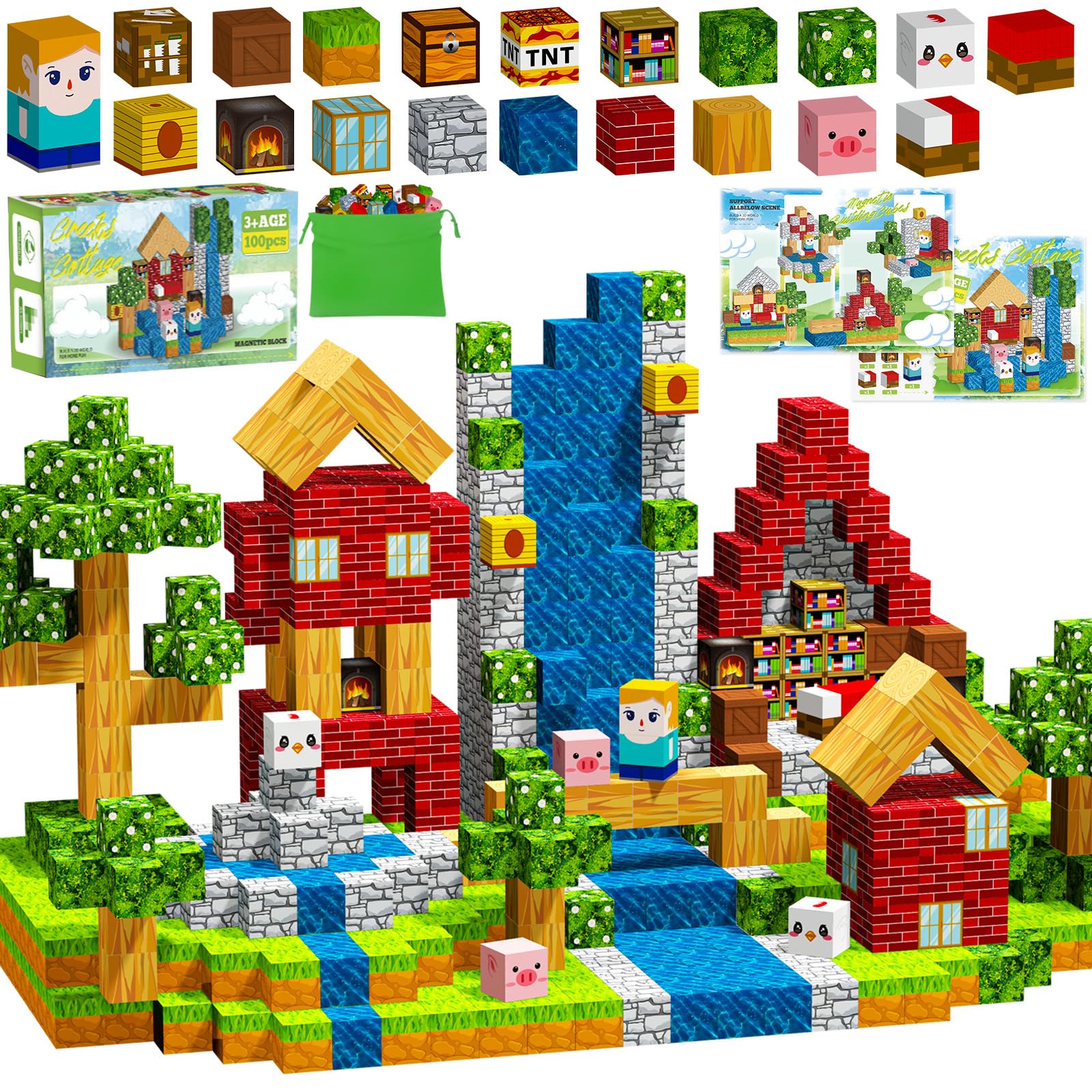Zhmenge 100 Stück Magnetische Bausteine,Magnetspielzeug Baue Mine Magnet Welt DIY Set,Magnet Bausteine, Magnetbausteine Blöcke Magnetspielzeug für Geschenk ab 3 Jahre Junge Mädchen
