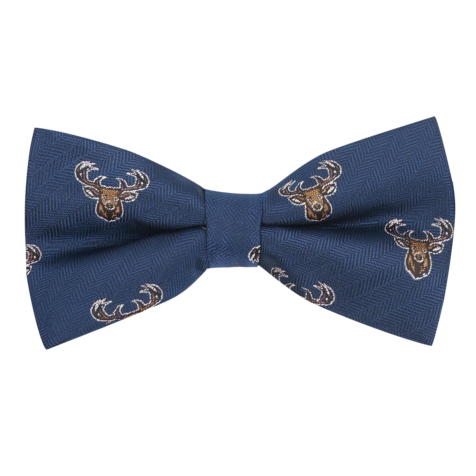 King & Priory Navy Blue Herringbone Embroidered Stag Head Bow Tie